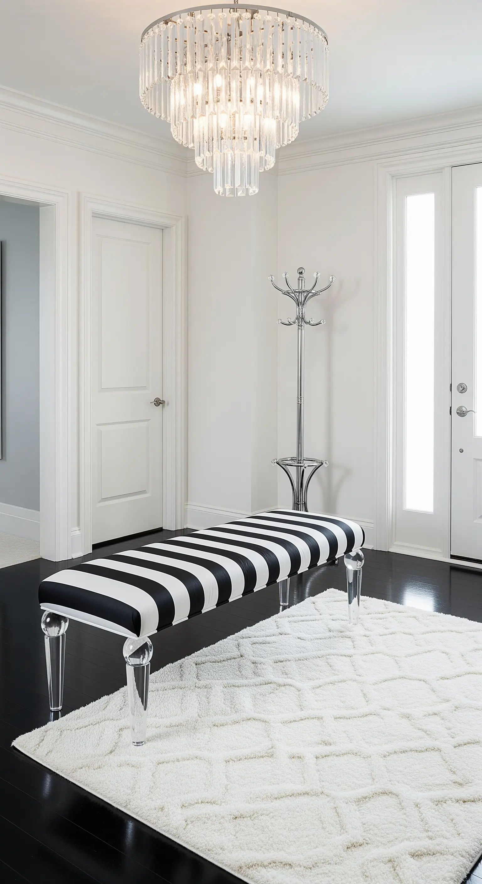 Ingresso glamour con panca a righe bianche e nere, gambe in plexiglass e lampadario di cristallo.