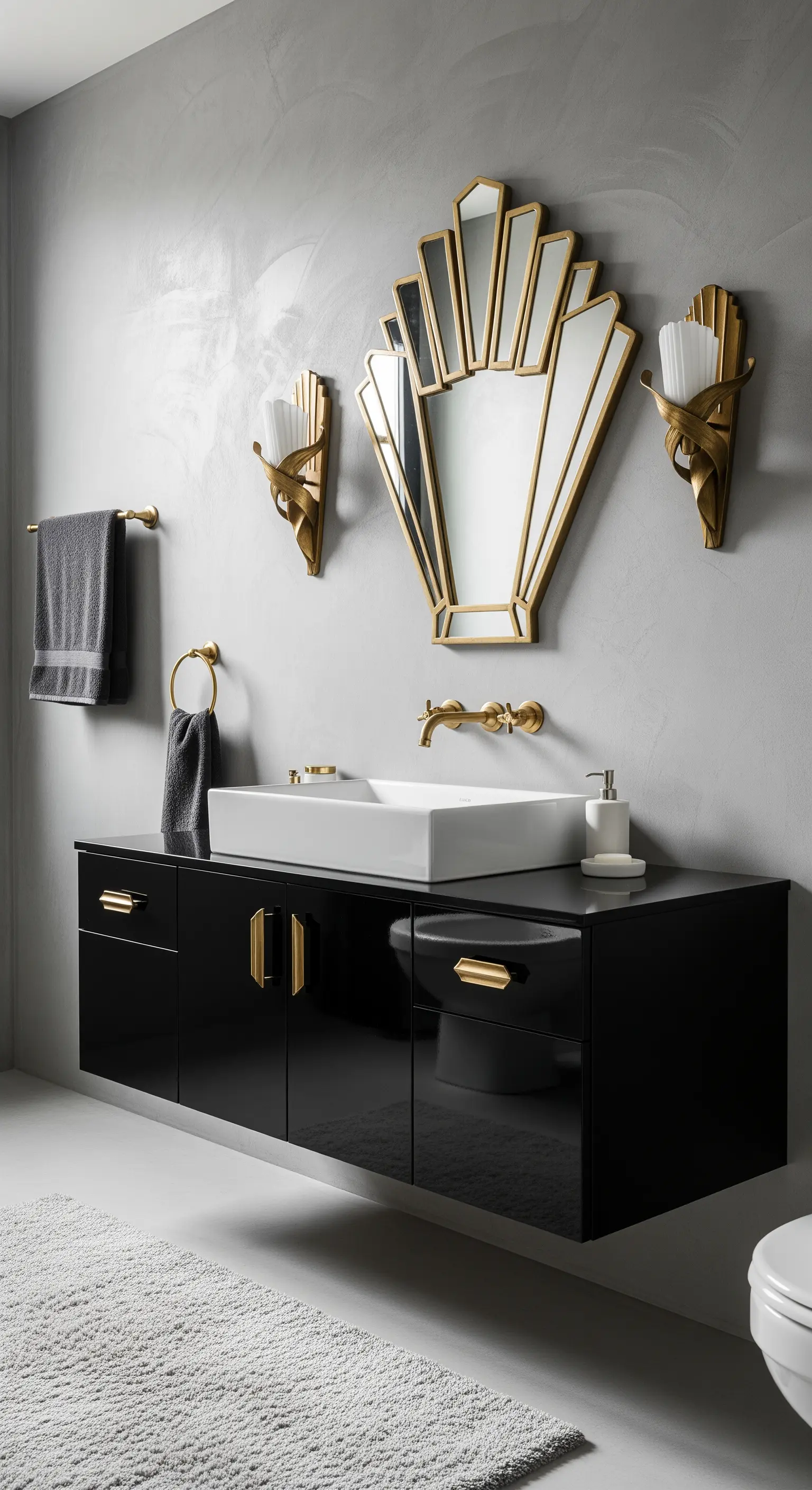 Mobile nero laccato con dettagli dorati e specchio Art Déco su parete grigia.