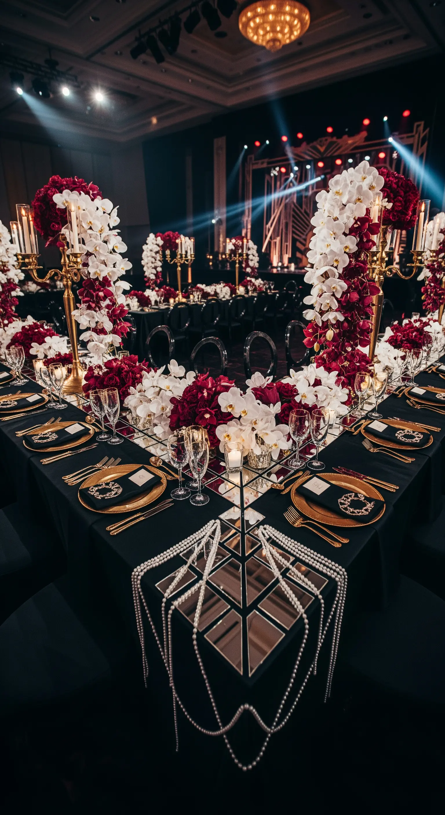 Tavolo nero e oro in stile Art Déco con runner di specchi, perle e fiori rossi.