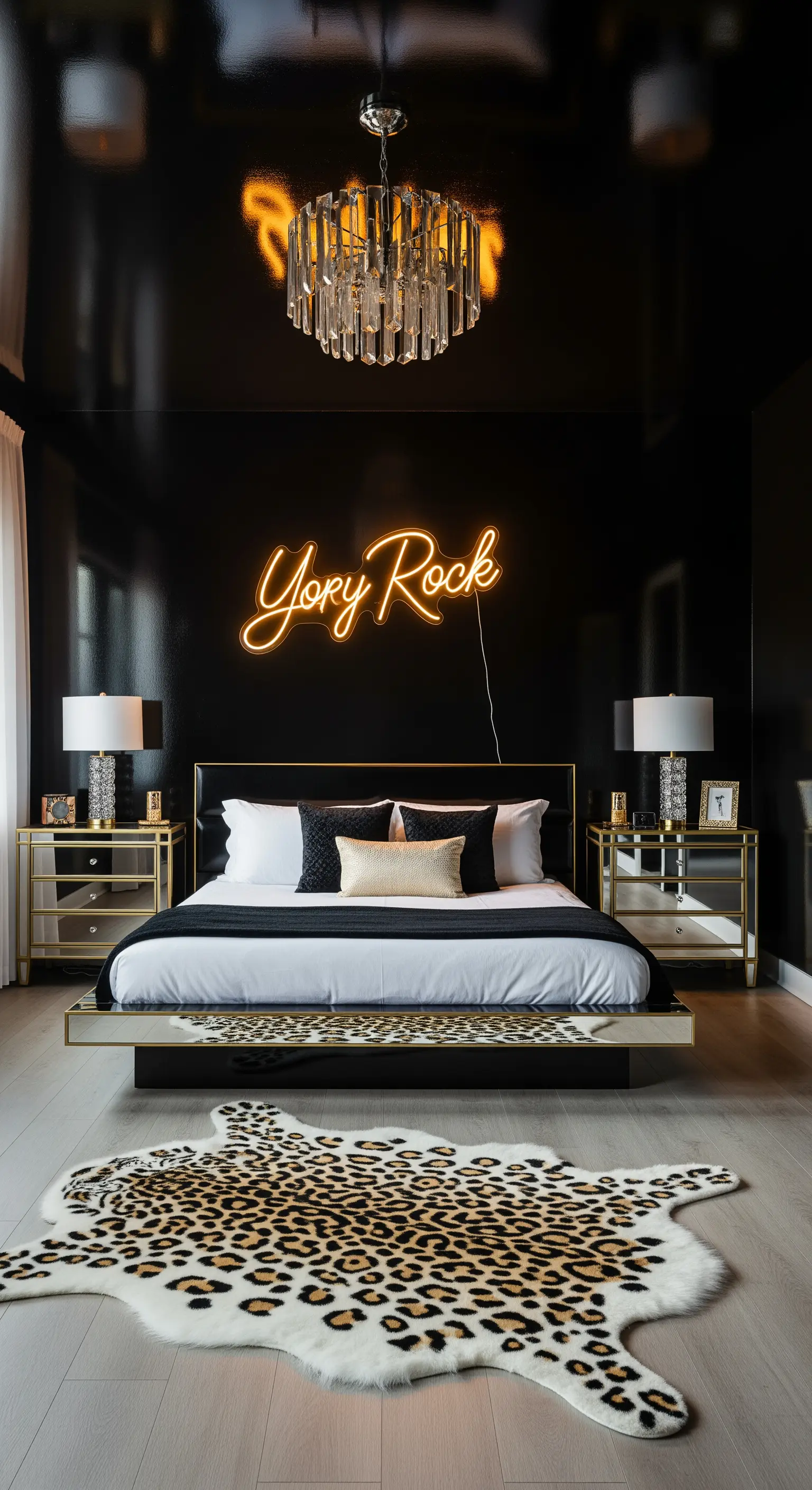 Camera da letto glamour con pareti nere lucide, insegna al neon e tappeto leopardato.