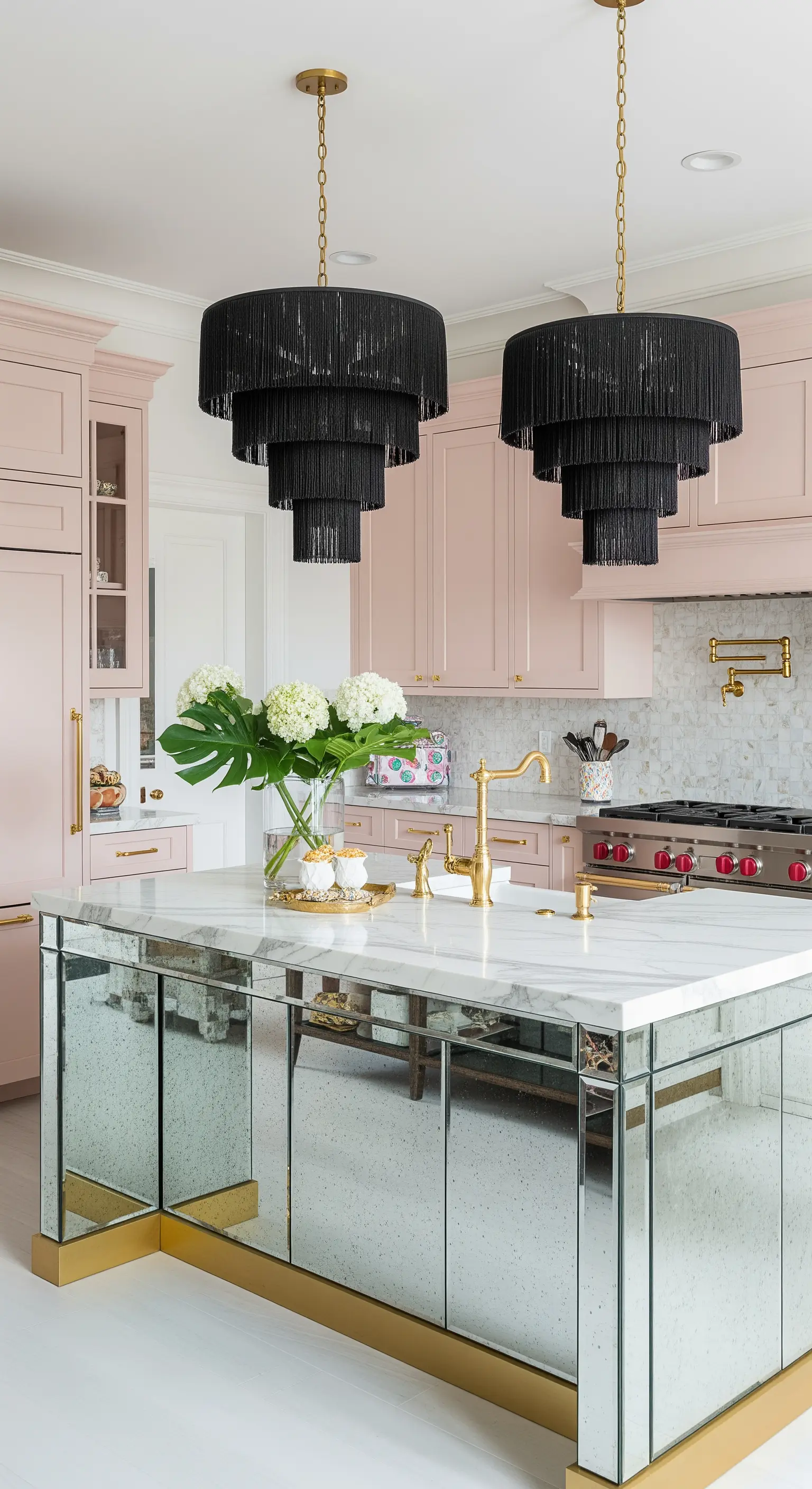Cucina rosa con isola rivestita di specchi e lampadari neri a più livelli con frange.