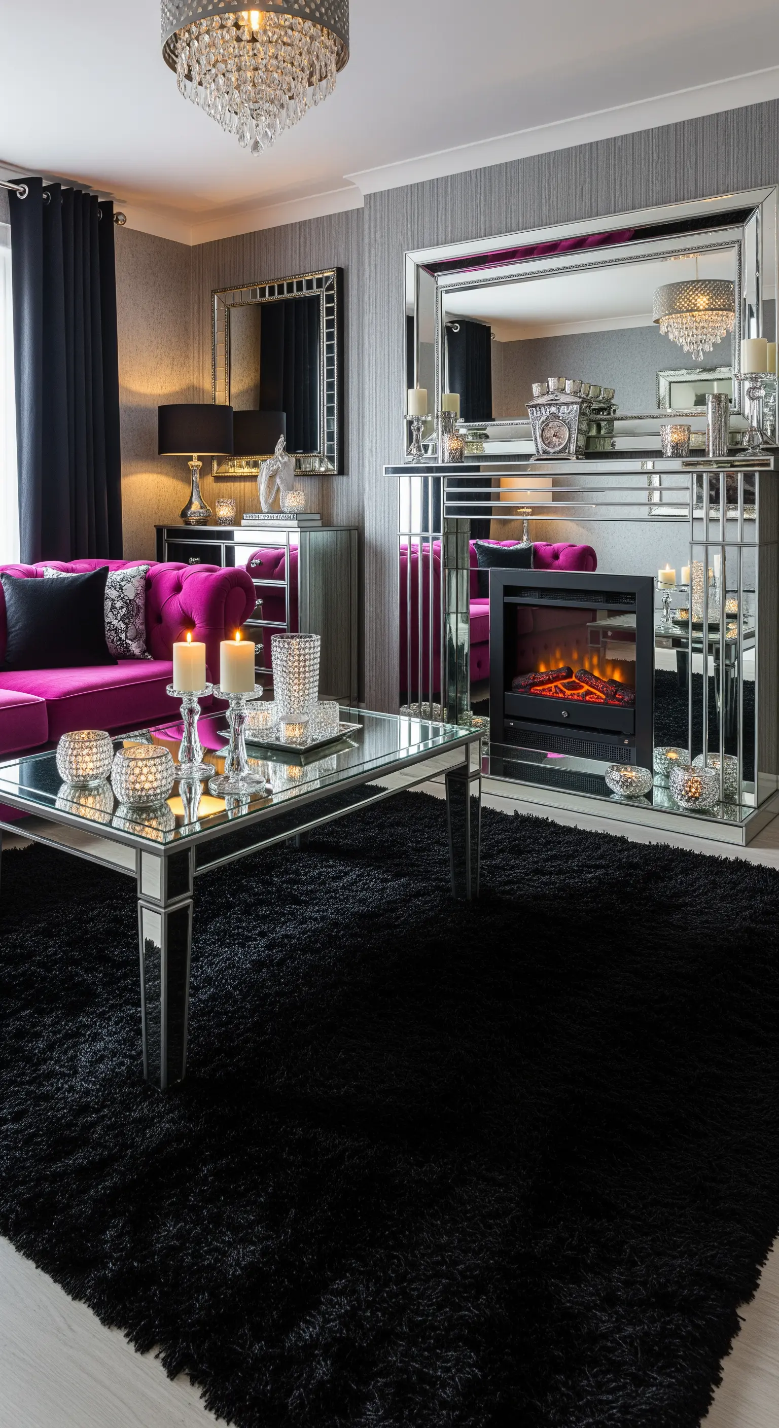 Soggiorno glamour con camino a specchio, divano magenta e tappeto nero.