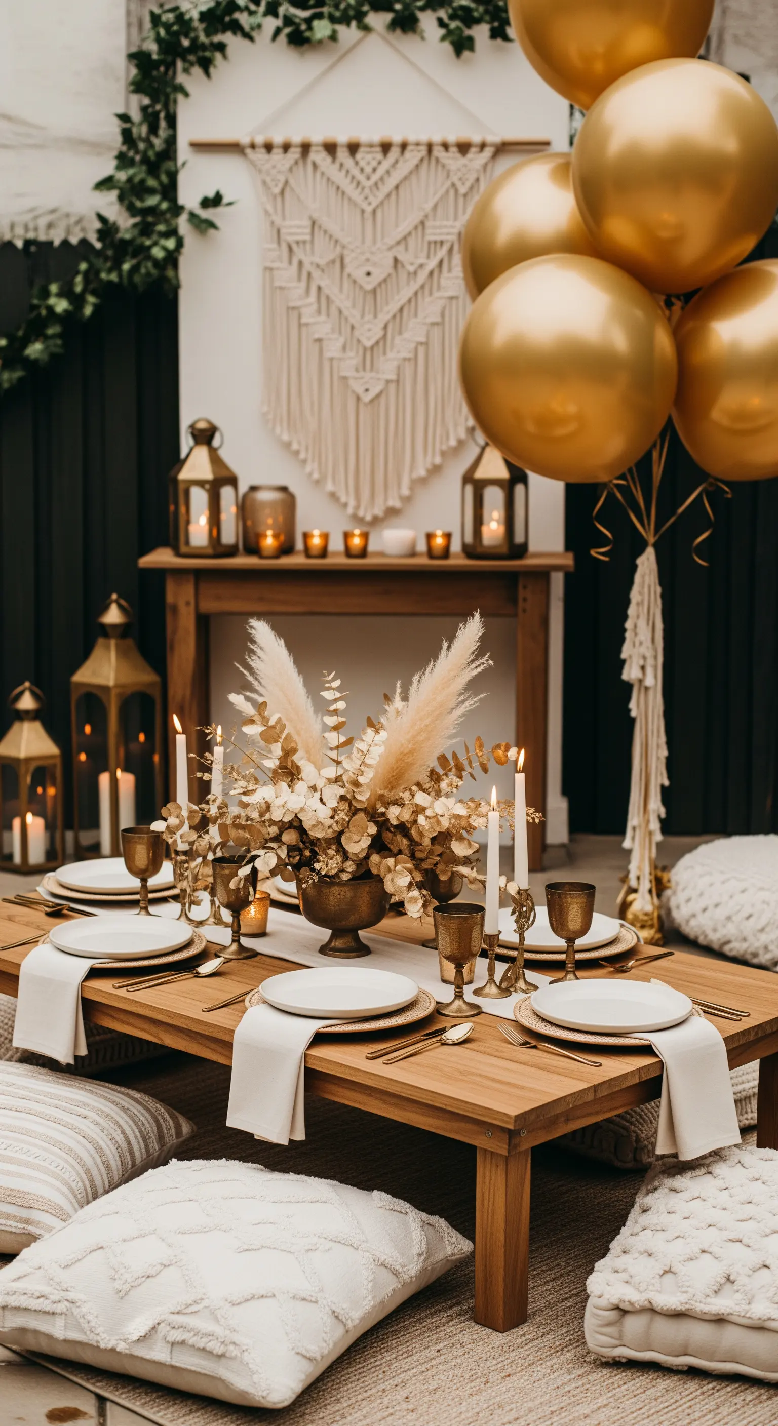 Allestimento boho chic con tavolo basso, cuscini a terra, pampas e palloncini dorati.