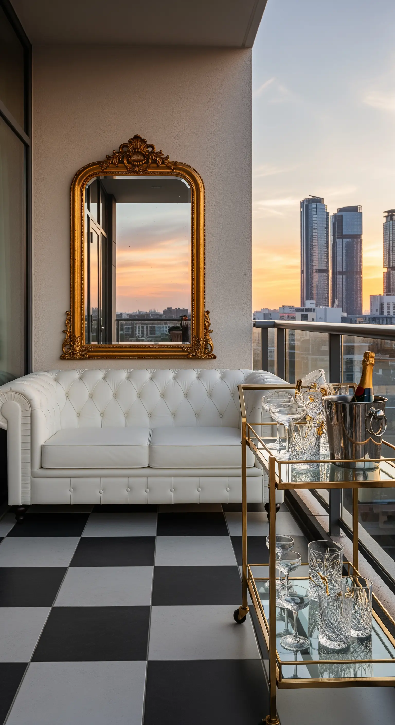 Balcone con divano Chesterfield bianco, specchio barocco dorato e pavimento a scacchiera.