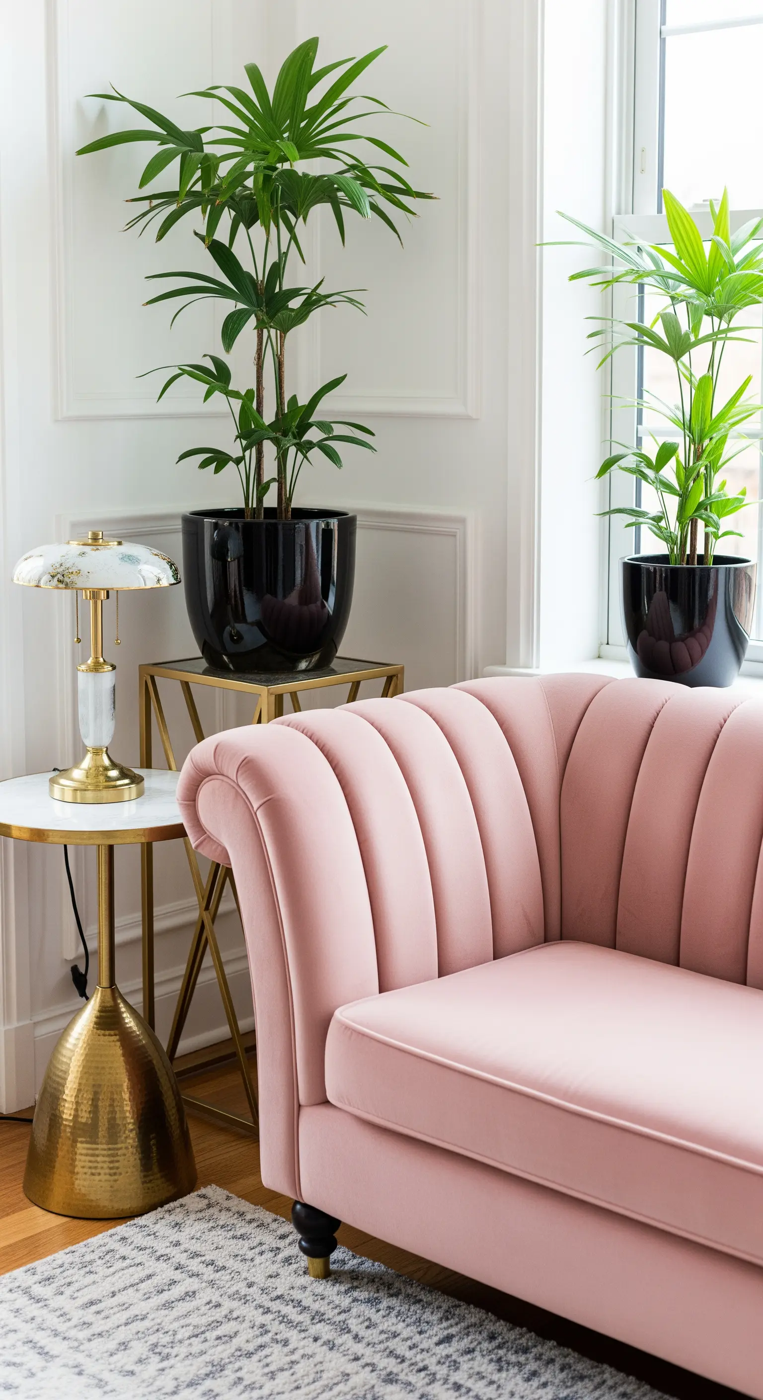 Divano in velluto rosa con tavolini dorati e palme alte in vasi neri lucidi.