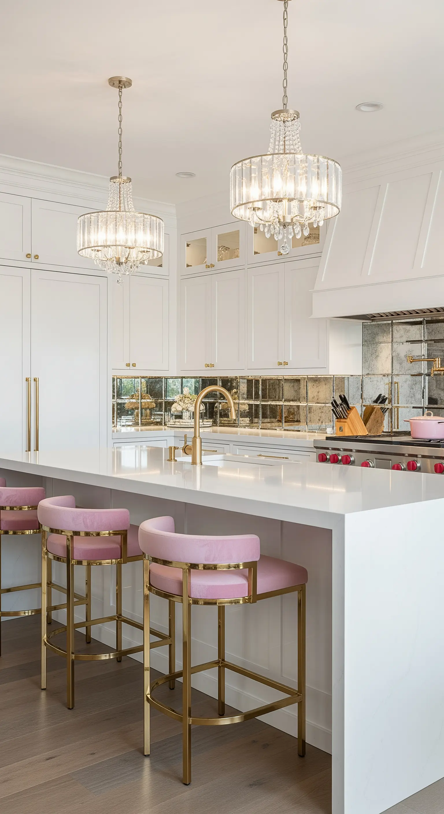 Cucina bianca e oro con sgabelli in velluto rosa, lampadari di cristallo e paraschizzi a specchio
