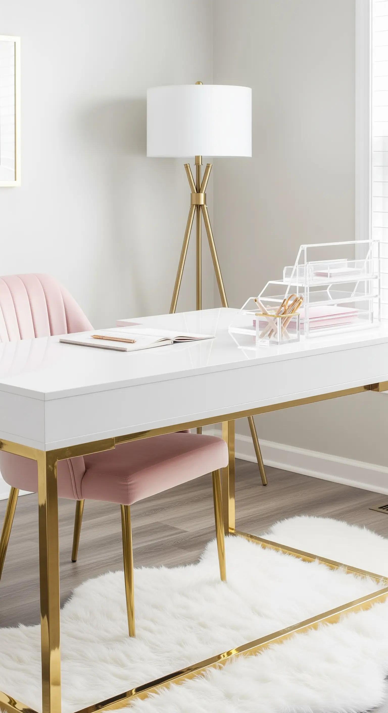 Scrivania bianca e oro con sedia in velluto rosa e lampada treppiede.