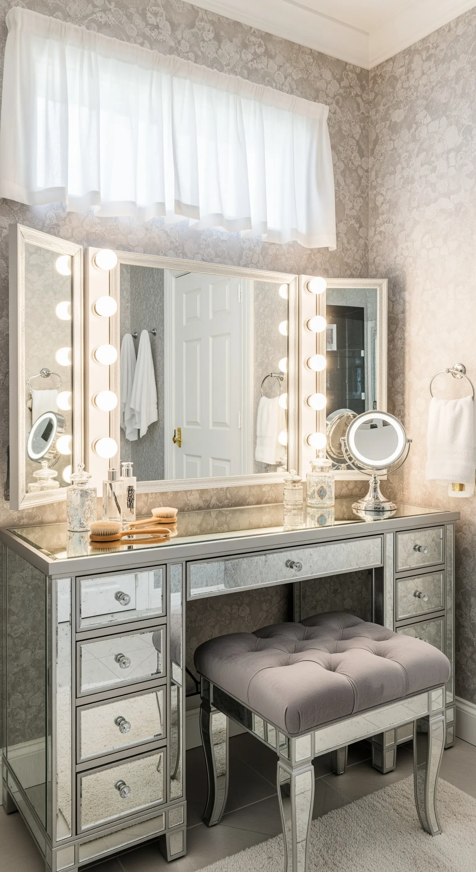 Mobile da trucco a specchio con specchiera a tre ante e luci da camerino.