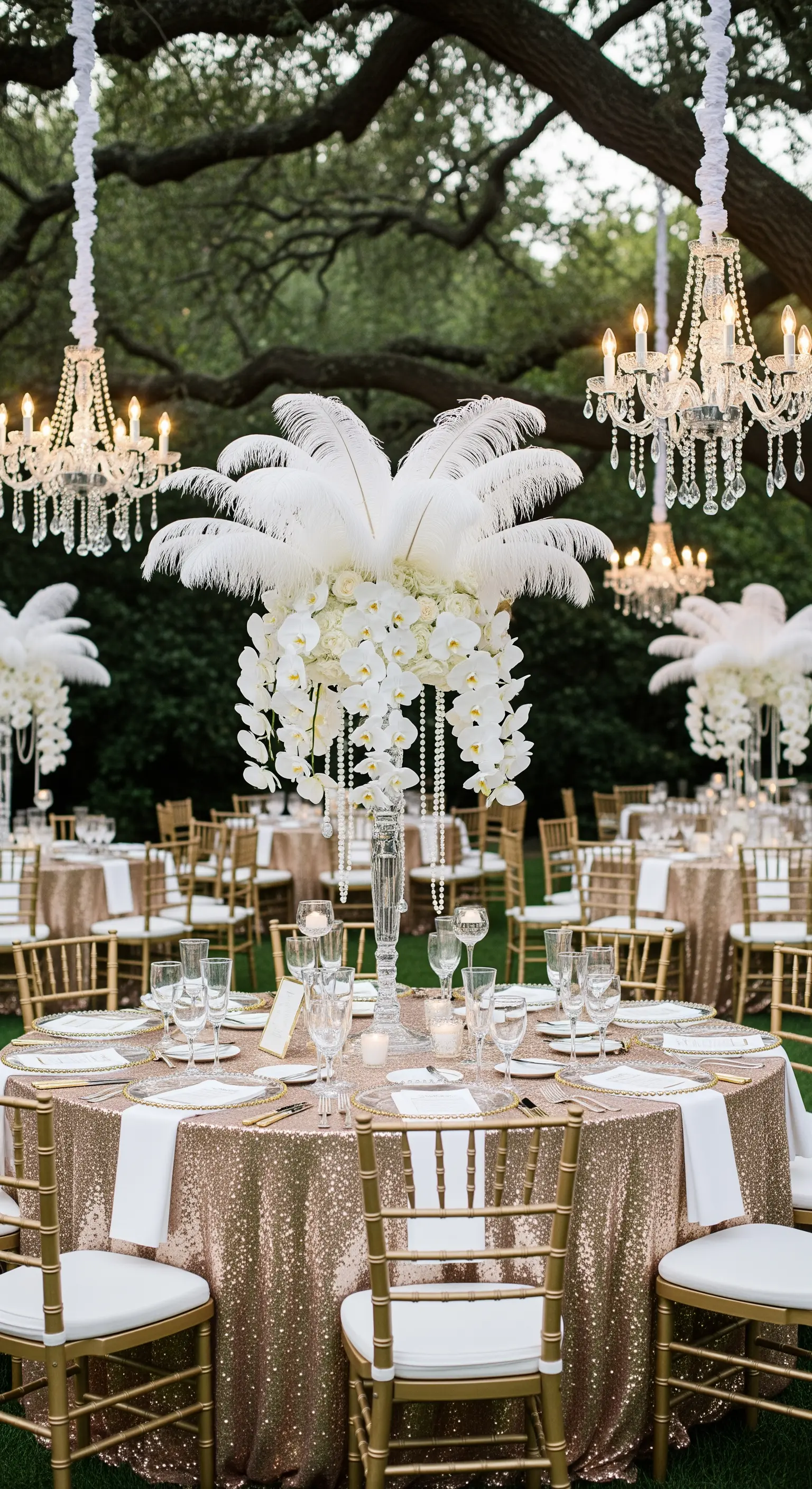 Tavolo da matrimonio sfarzoso con tovaglia di paillettes, piume bianche e lampadari di cristallo.