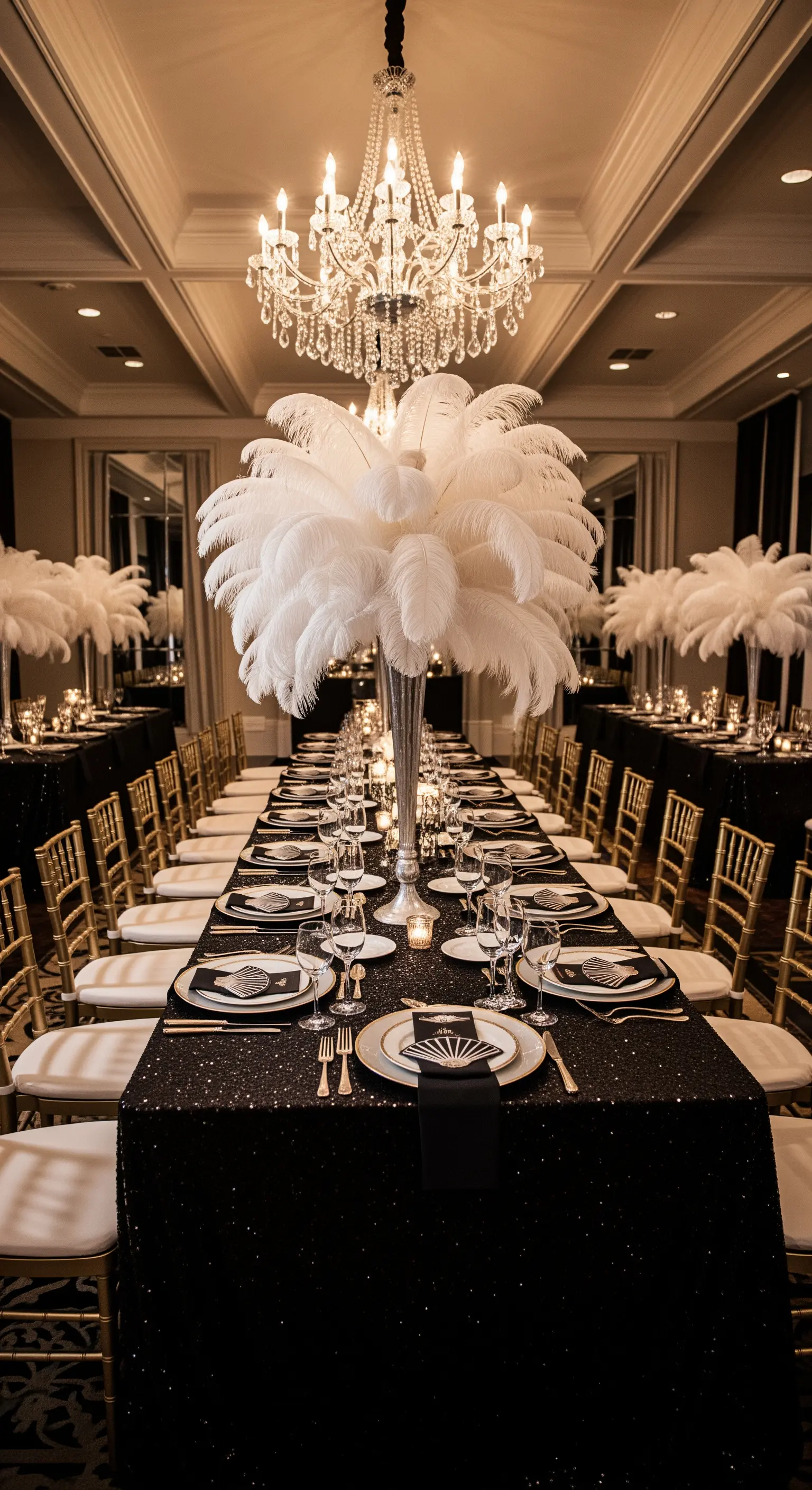 Allestimento per festa a tema Grande Gatsby con piume bianche e tovaglie di paillettes.