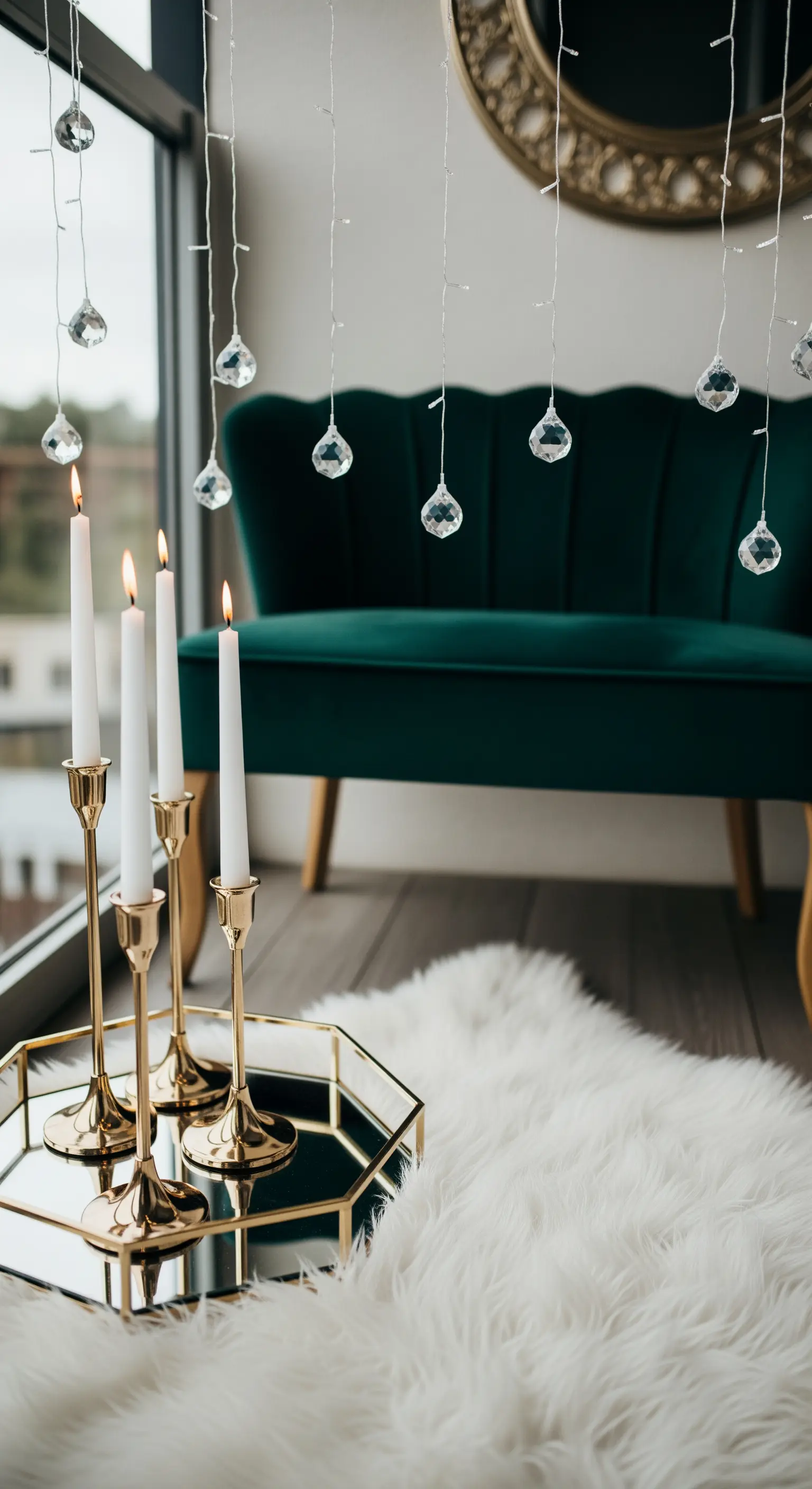 Angolo elegante con divano in velluto, tappeto bianco e luci pendenti con cristalli.