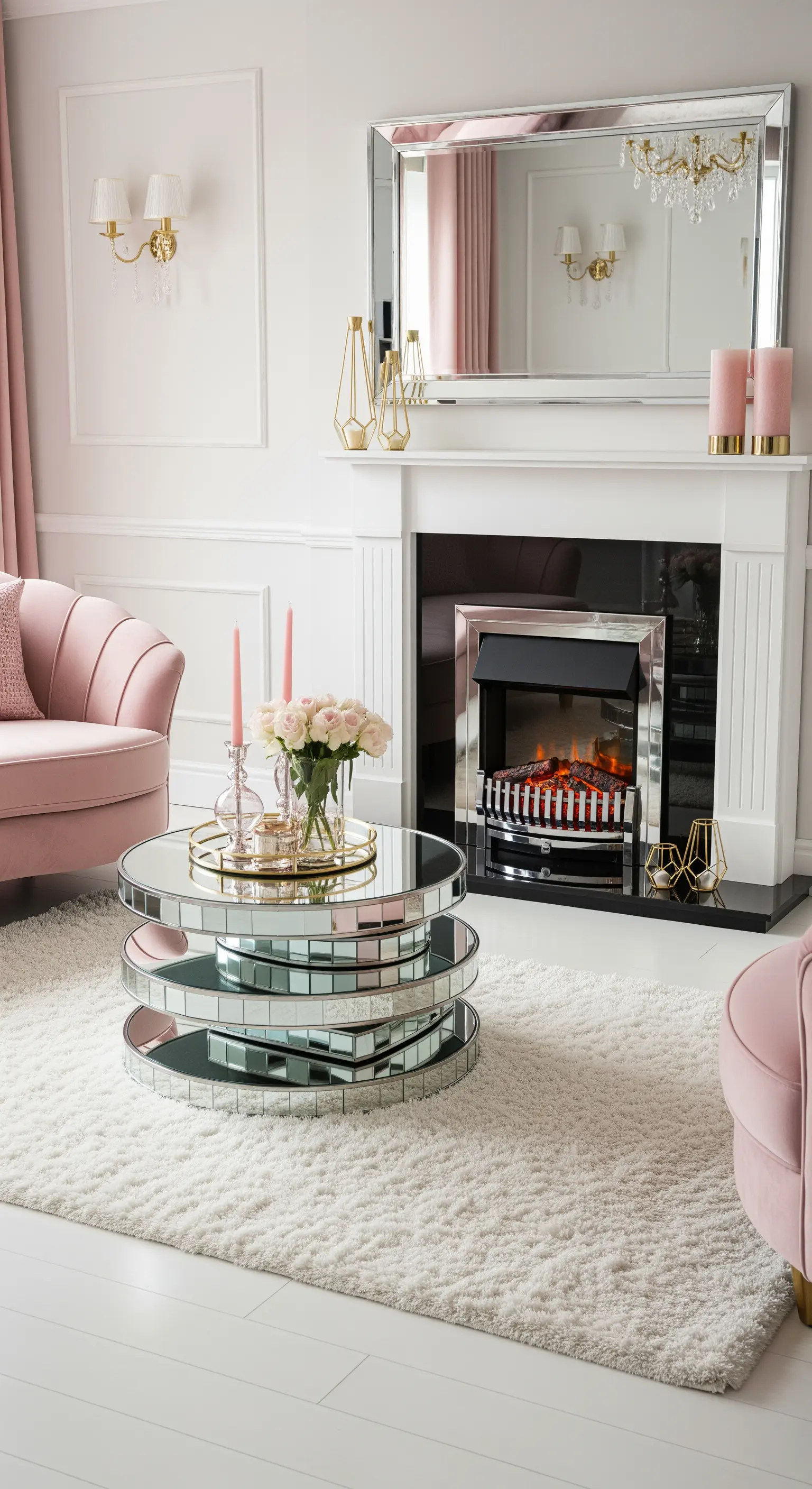 Soggiorno glamour con poltrona rosa, tavolino a specchio e camino.