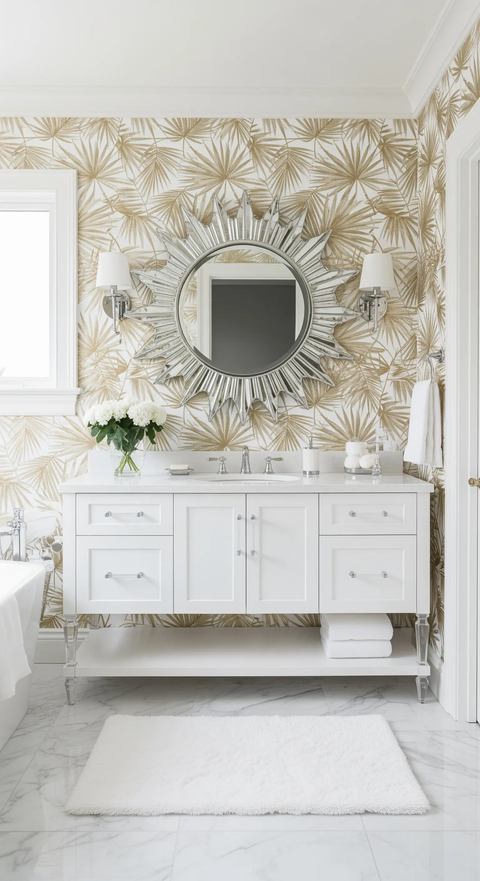 Bagno con carta da parati a foglie dorate, mobile bianco e specchio a raggiera argentato.