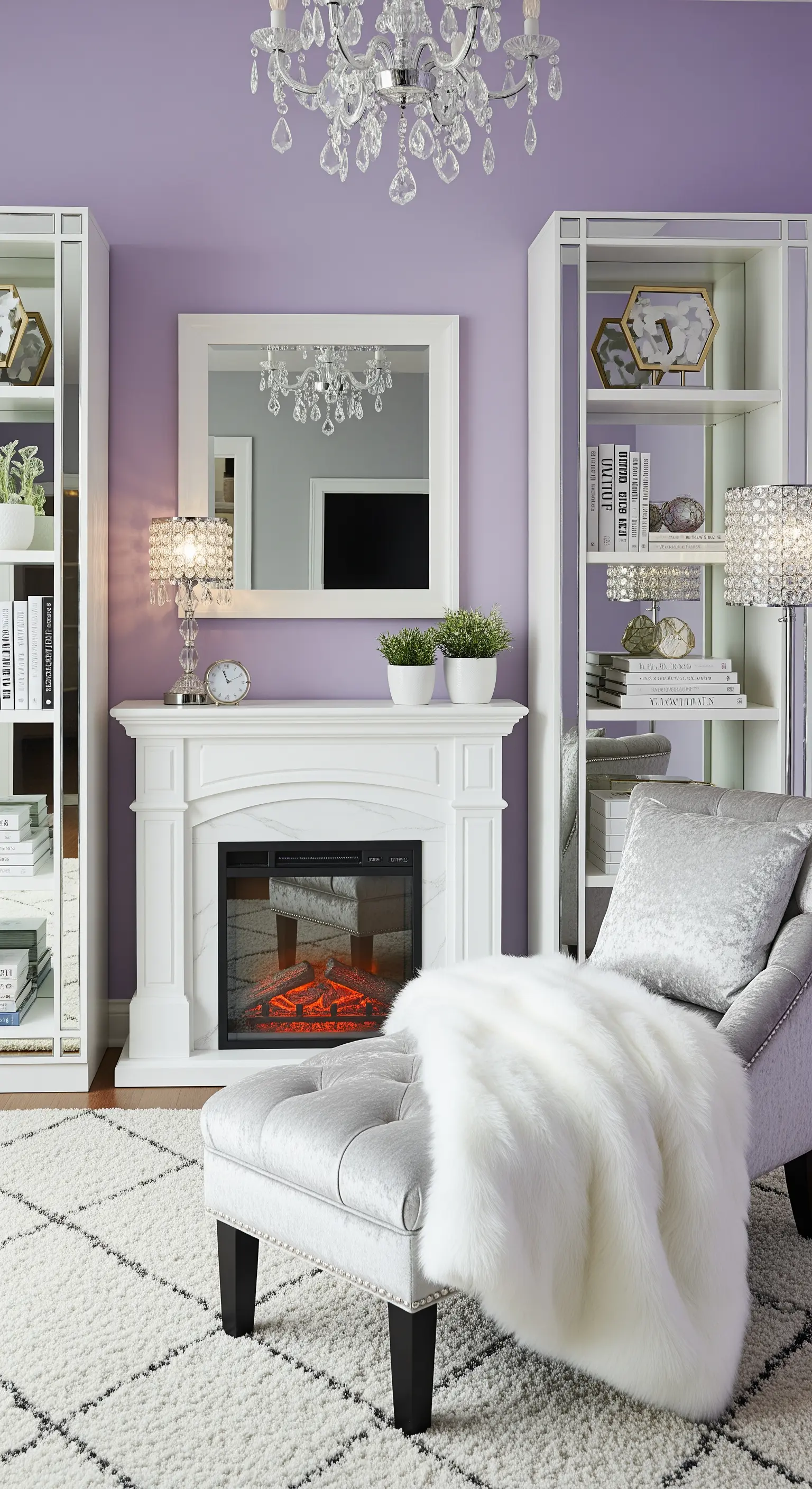 Angolo lettura glamour con pareti lavanda, mobili a specchio e dettagli in cristallo.