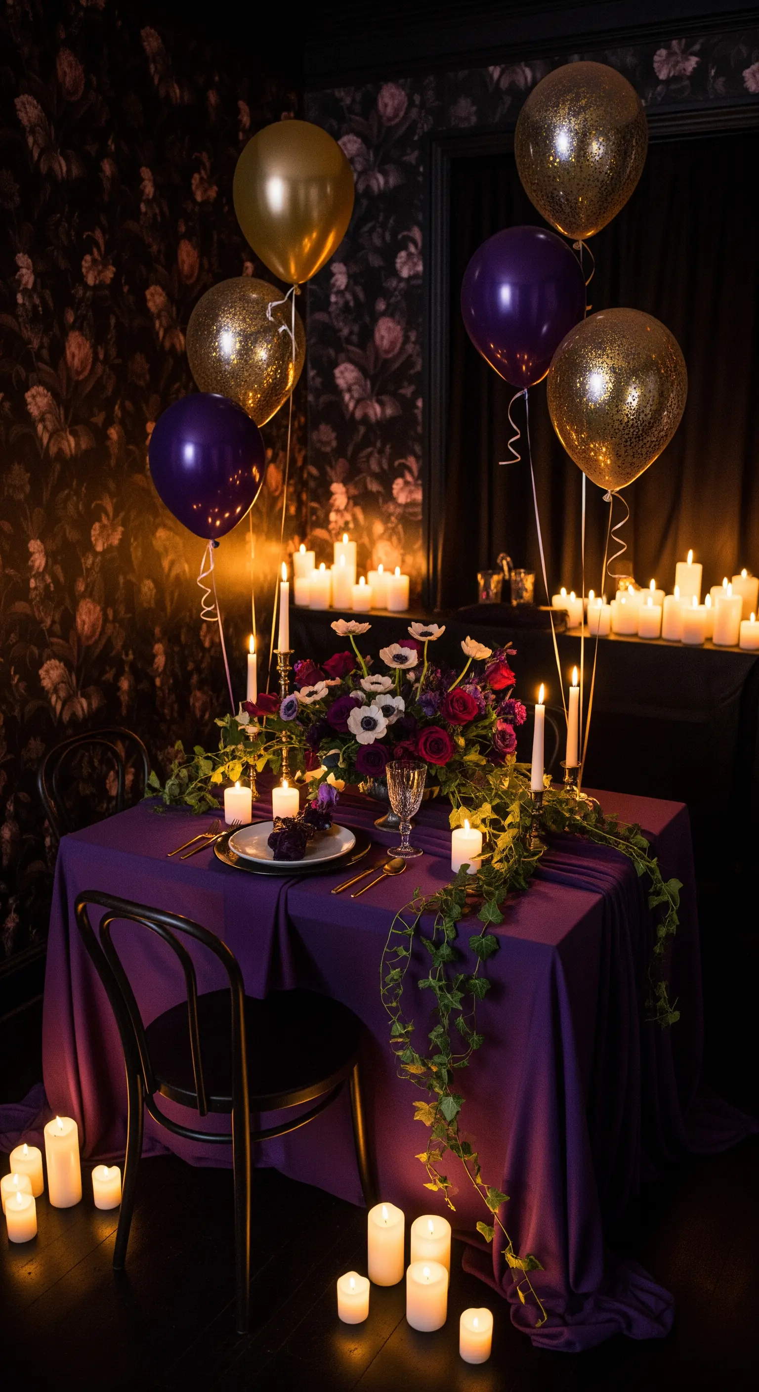 Tavola intima con tovaglia viola, fiori scuri, palloncini glitterati e decine di candele.
