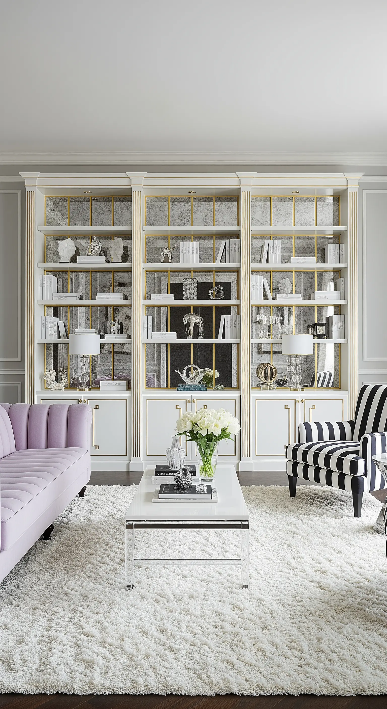 Salotto glamour con libreria bianca e oro con fondo a specchio.