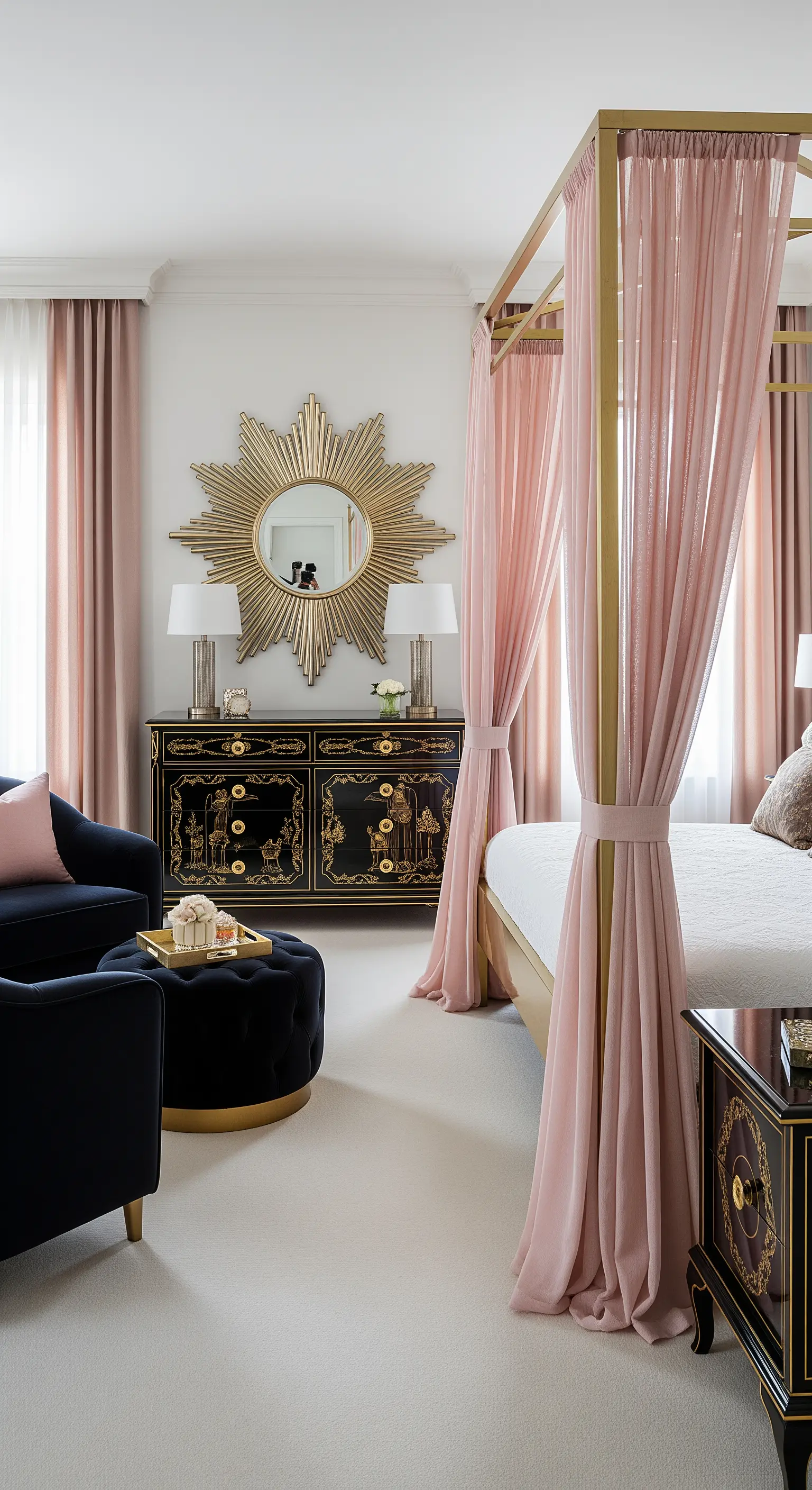 Letto a baldacchino dorato con tende rosa accanto a una cassettiera nera laccata.