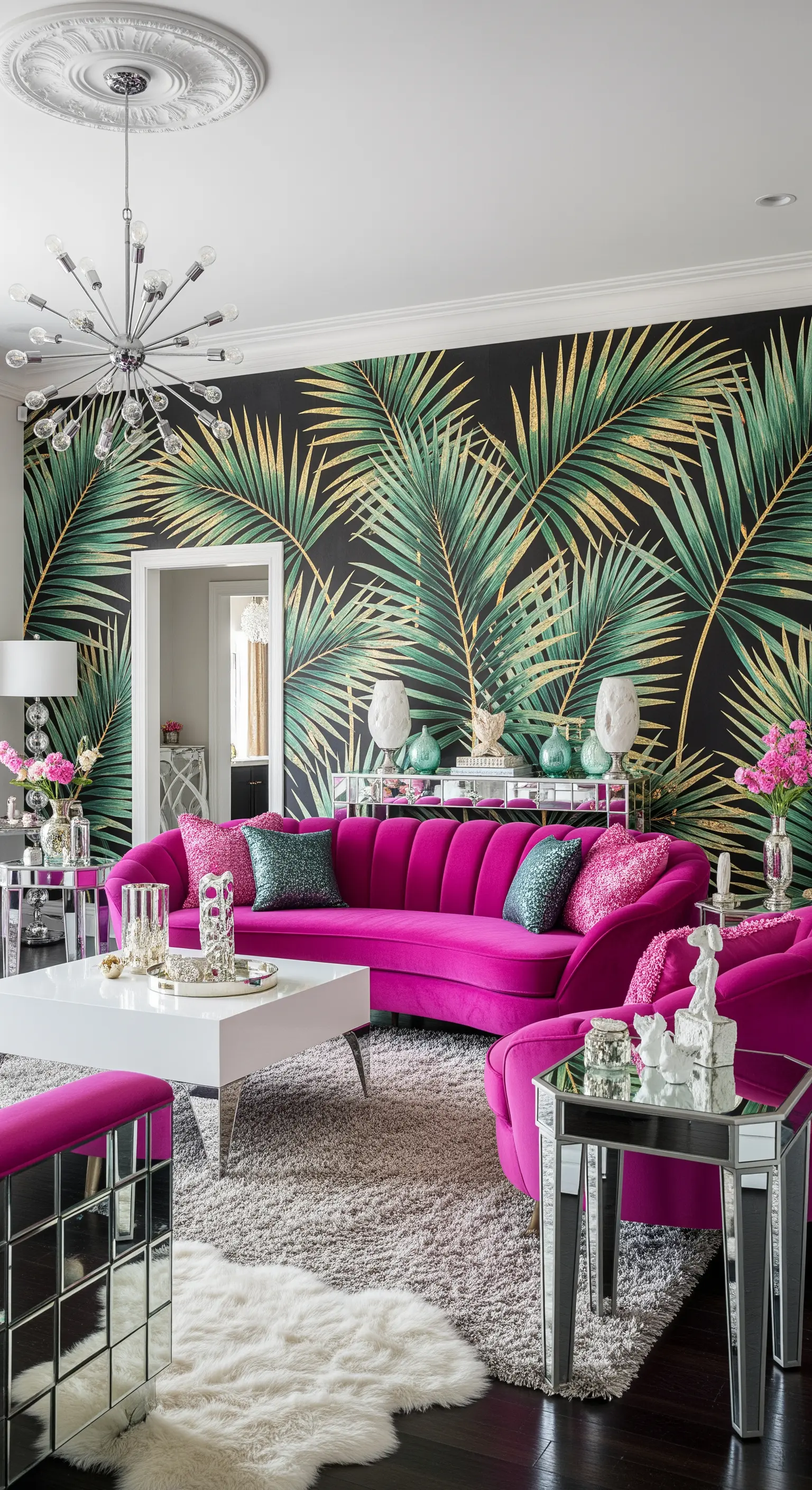Salotto glamour con murale di foglie di palma nere e oro, e un divano curvo fucsia.