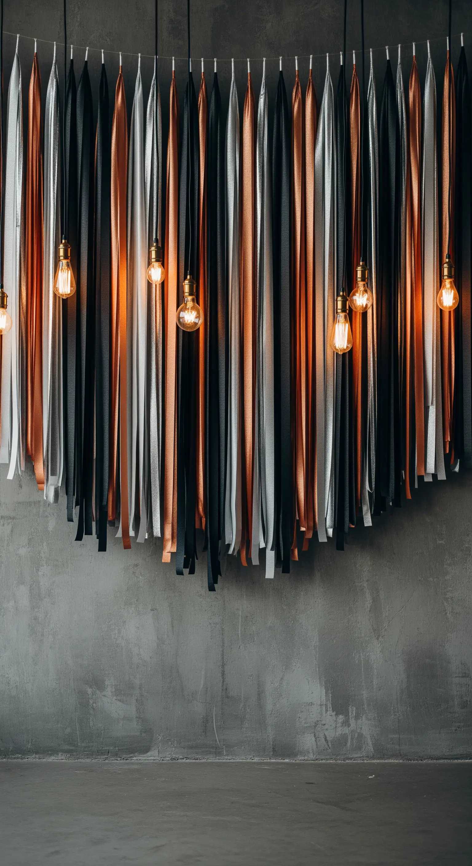 Strisce di finta pelle e raso metallico con lampadine Edison appese su sfondo di cemento.