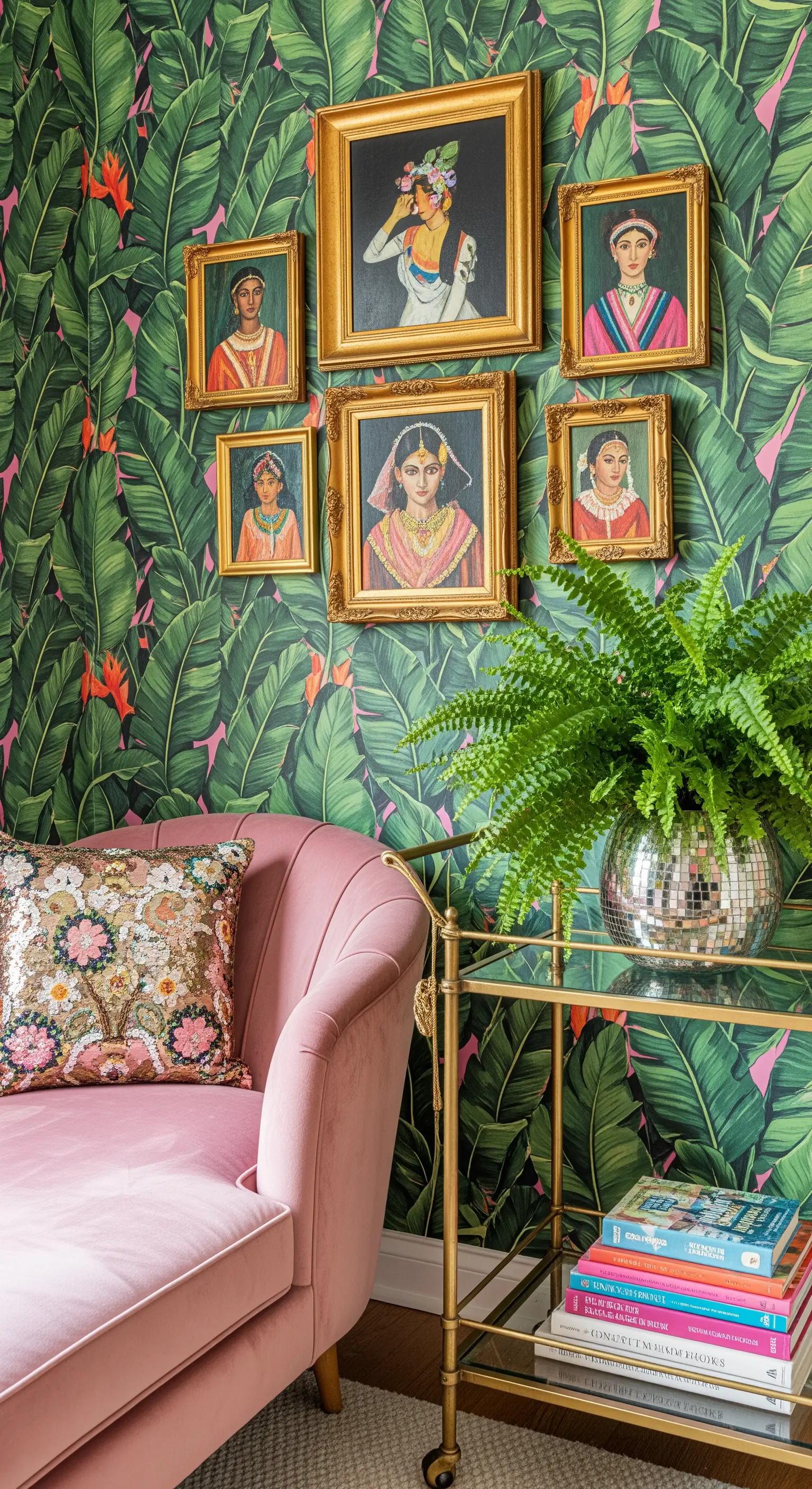 Chaise longue in velluto rosa su sfondo di carta da parati tropicale con quadri in cornici dorate.