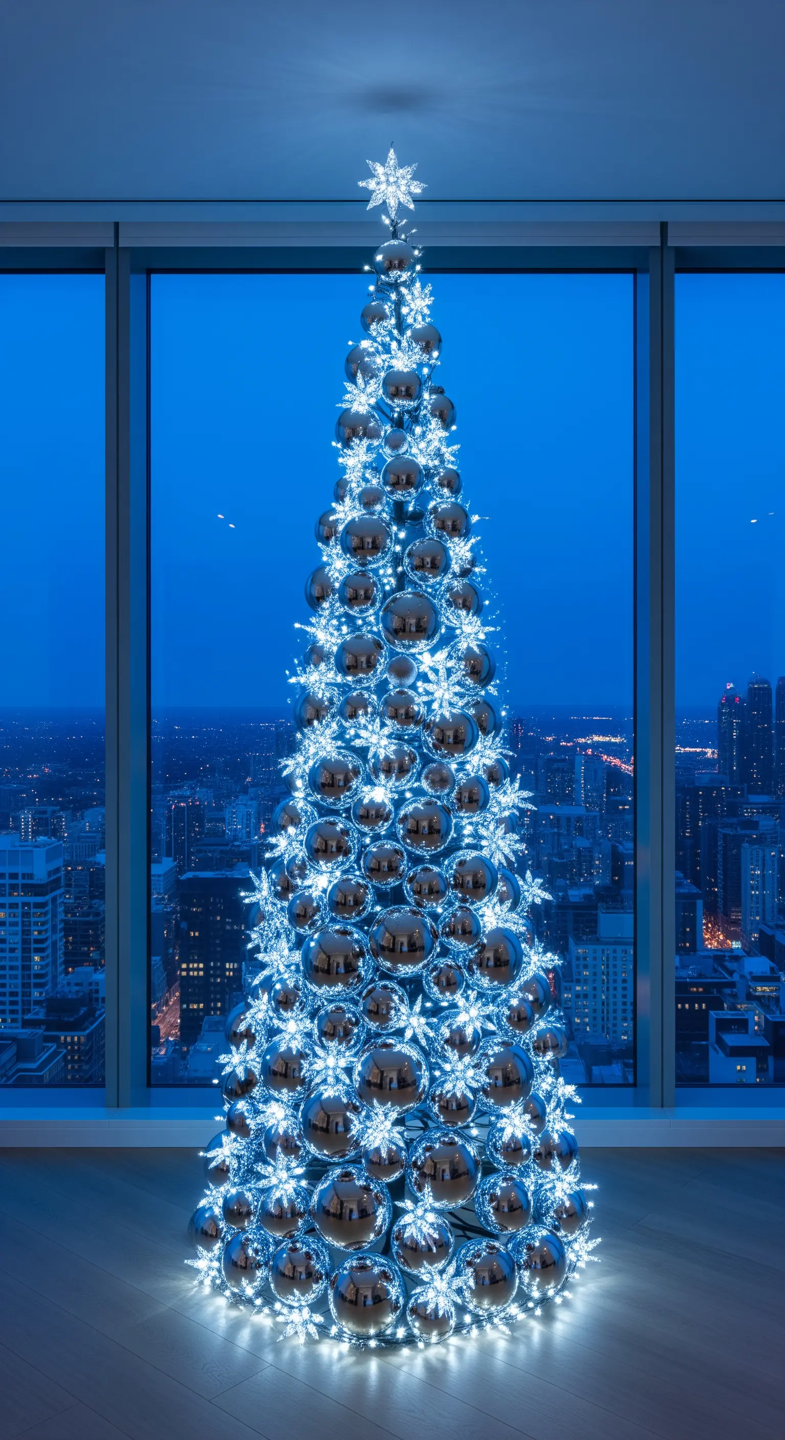 Albero di Natale moderno coperto di sfere specchiate e luci fredde, con vista sulla città di notte