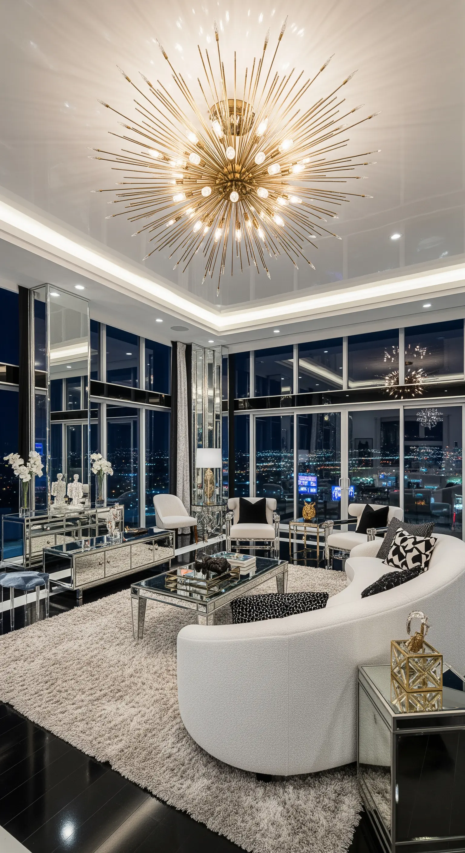 Soggiorno di lusso con vista notturna, pareti a specchio e un lampadario dorato a raggiera.