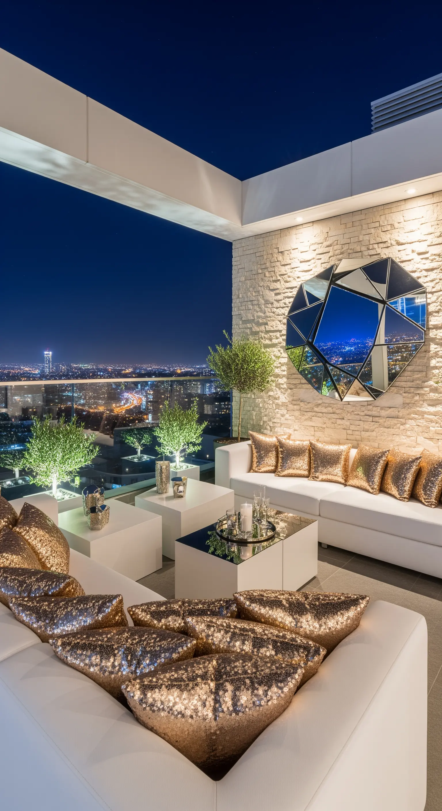 Terrazza moderna di lusso con divano bianco, cuscini di paillettes dorate e specchio geometrico.