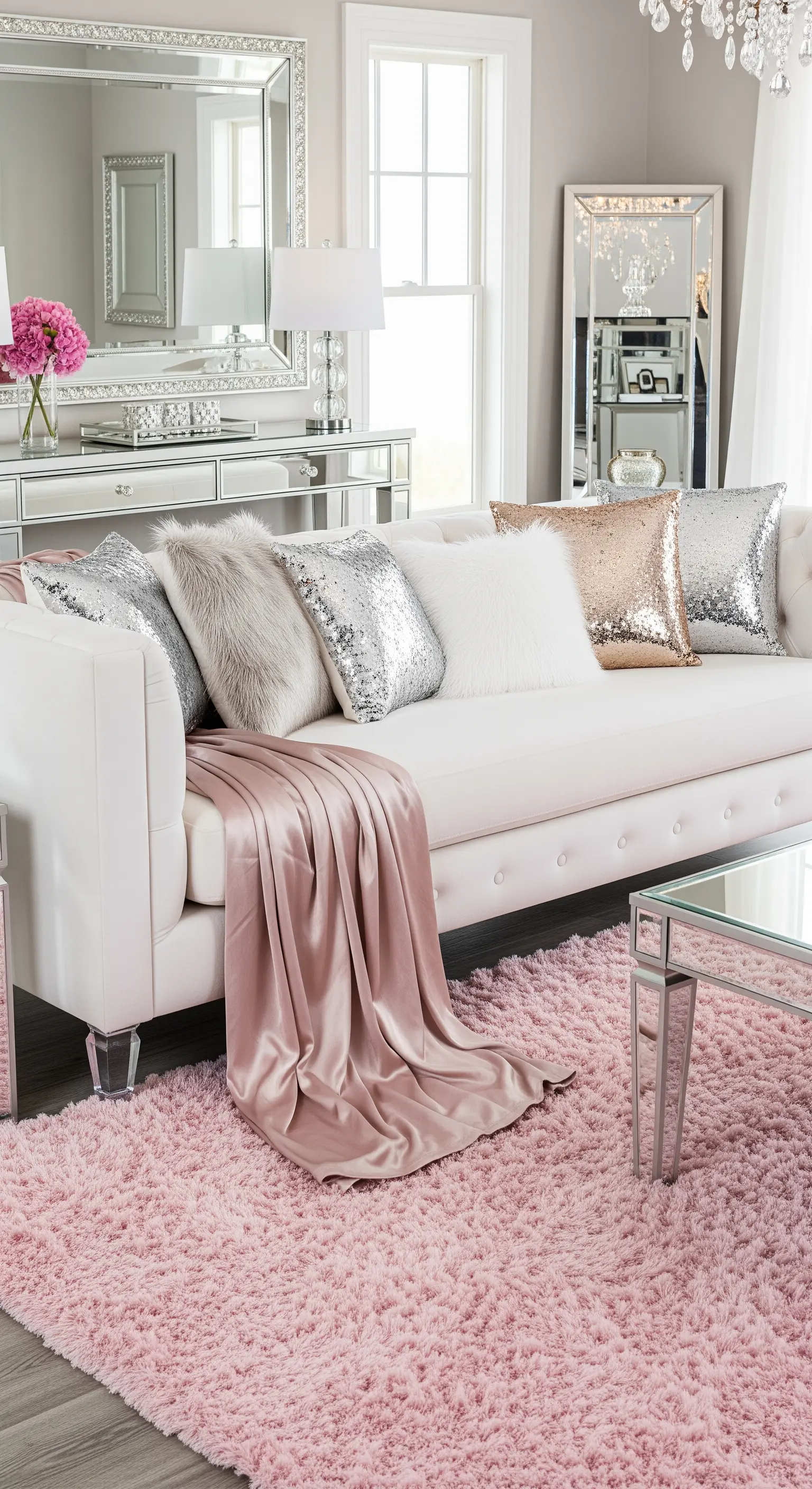 Salotto glamour con divano bianco, tappeto rosa a pelo lungo e cuscini con paillettes.
