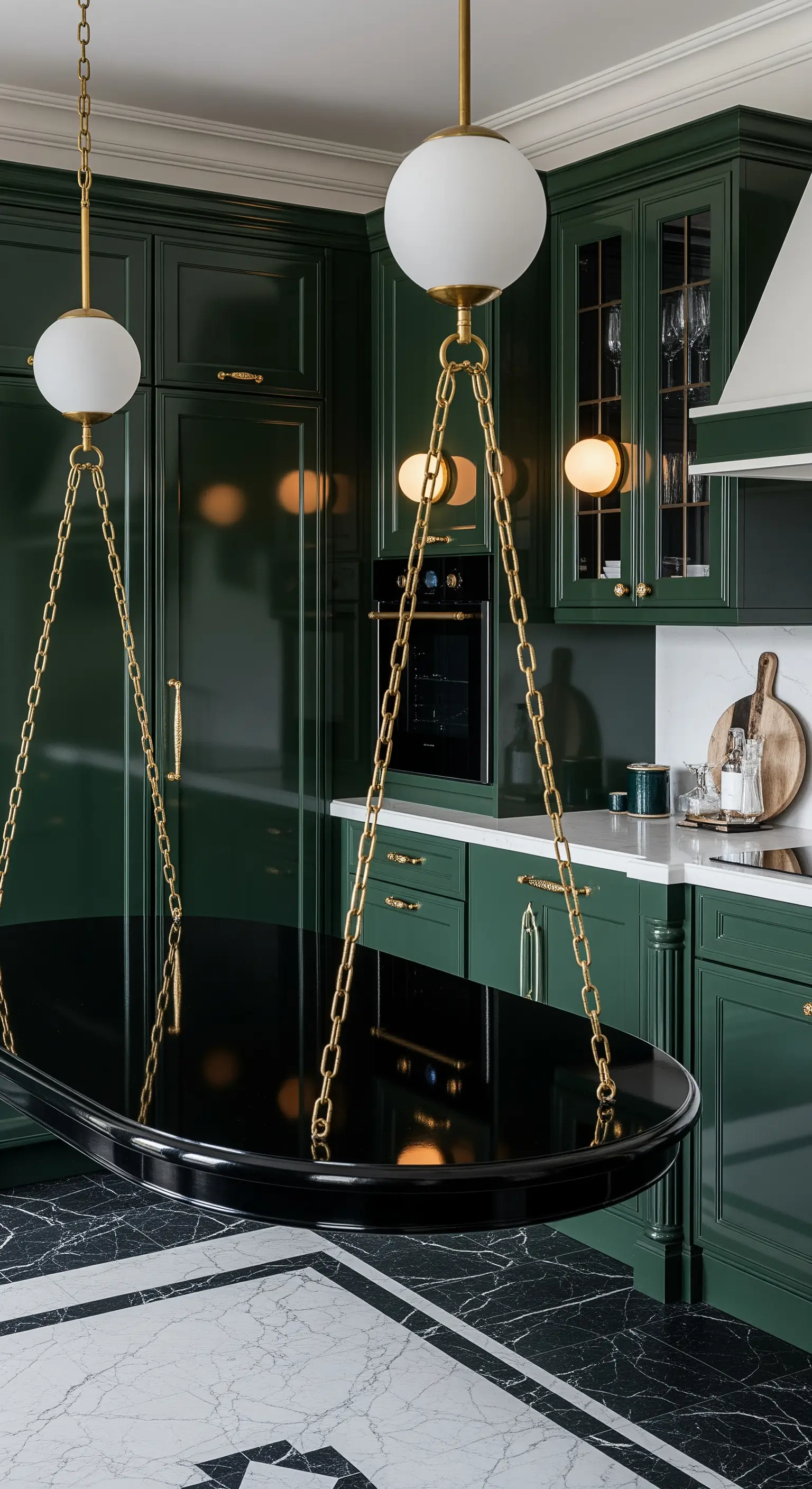 Tavolo ovale nero laccato sospeso con catene dorate in una cucina verde scuro.