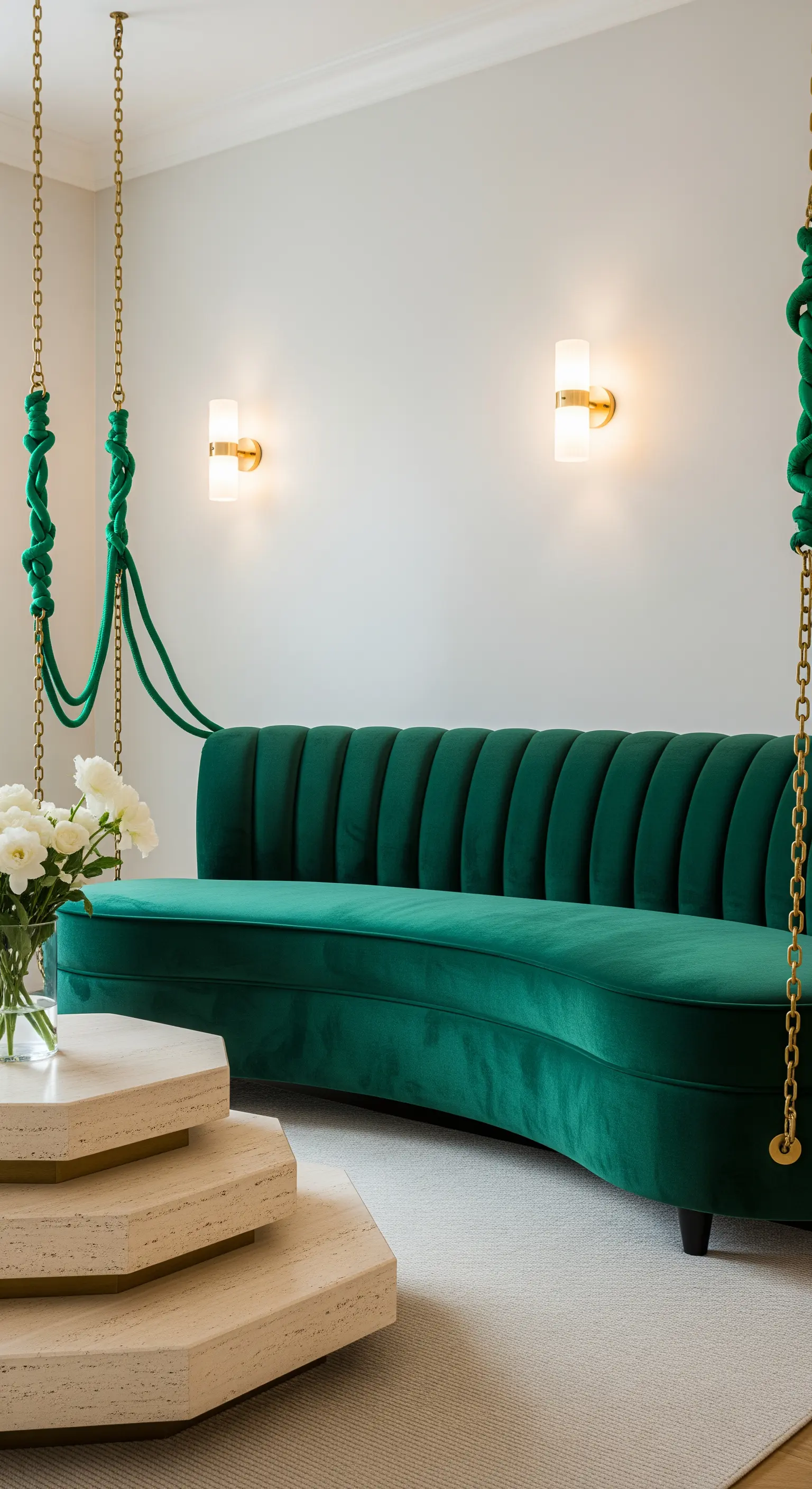 Divano curvo in velluto verde sospeso con catene dorate in un salotto elegante.