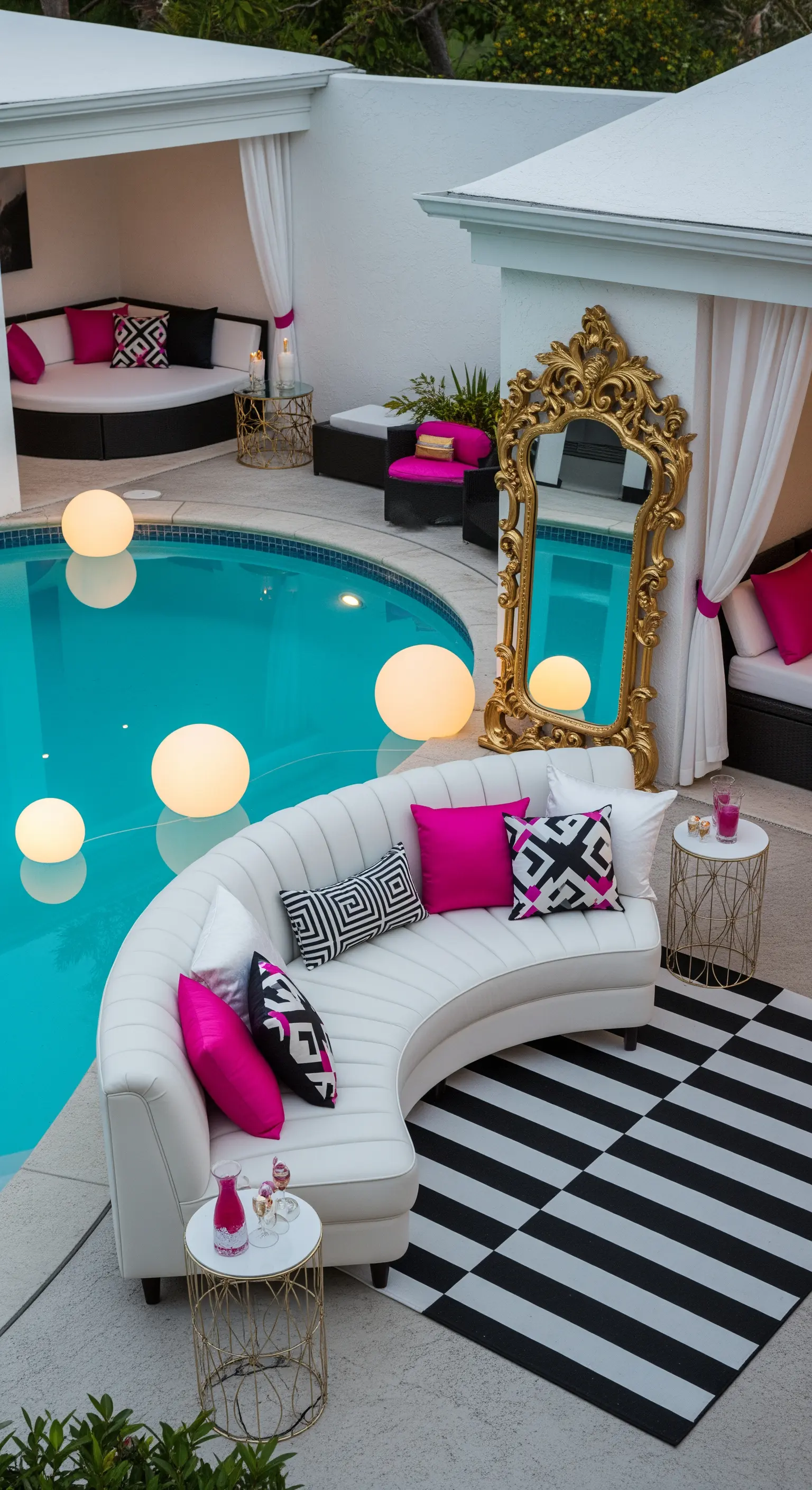Piscina con divano bianco curvo, specchio barocco dorato, tappeto optical e cuscini fucsia.