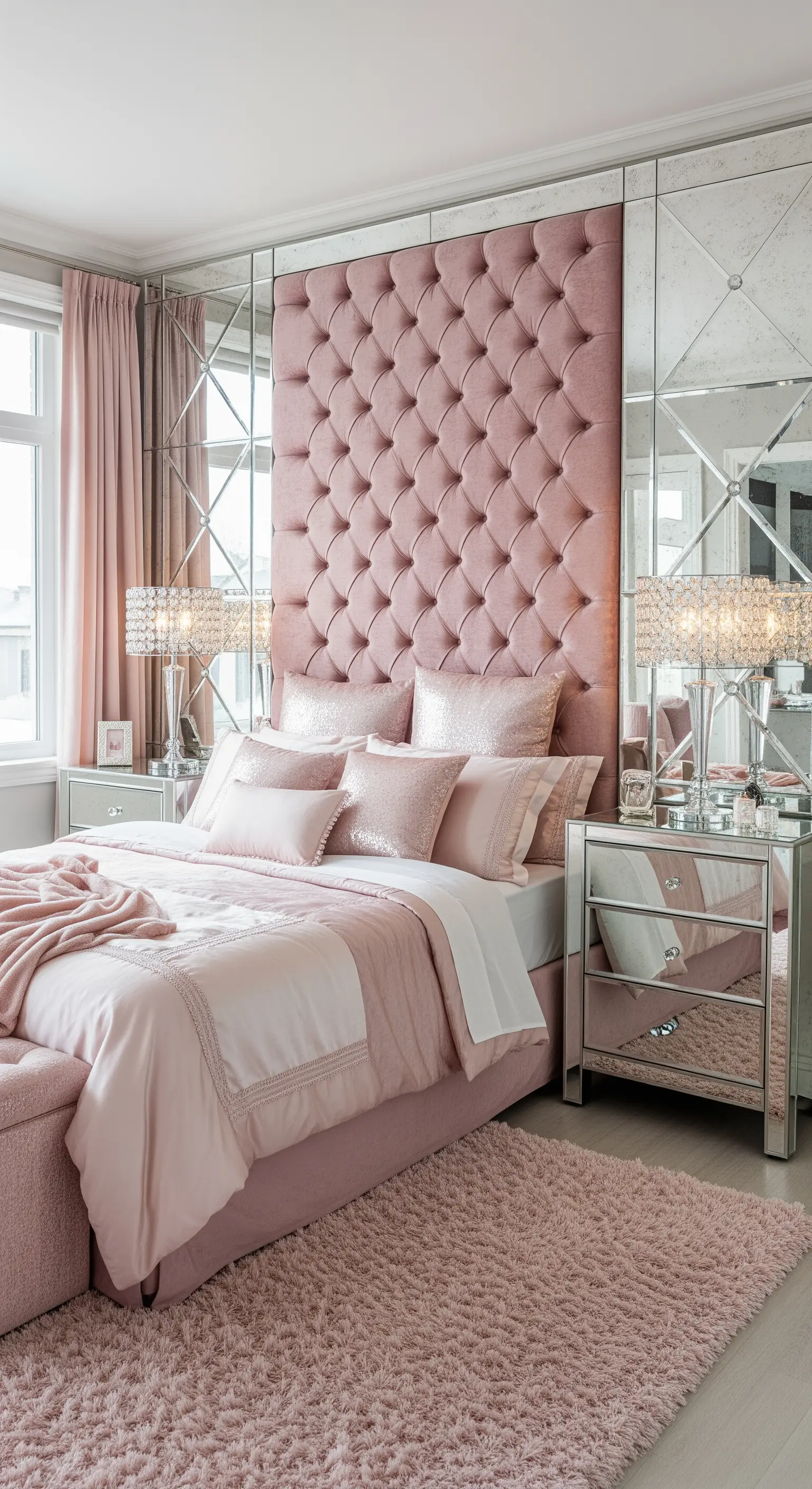 Testiera capitonné rosa incorniciata da pannelli a specchio in una camera da letto glamour.
