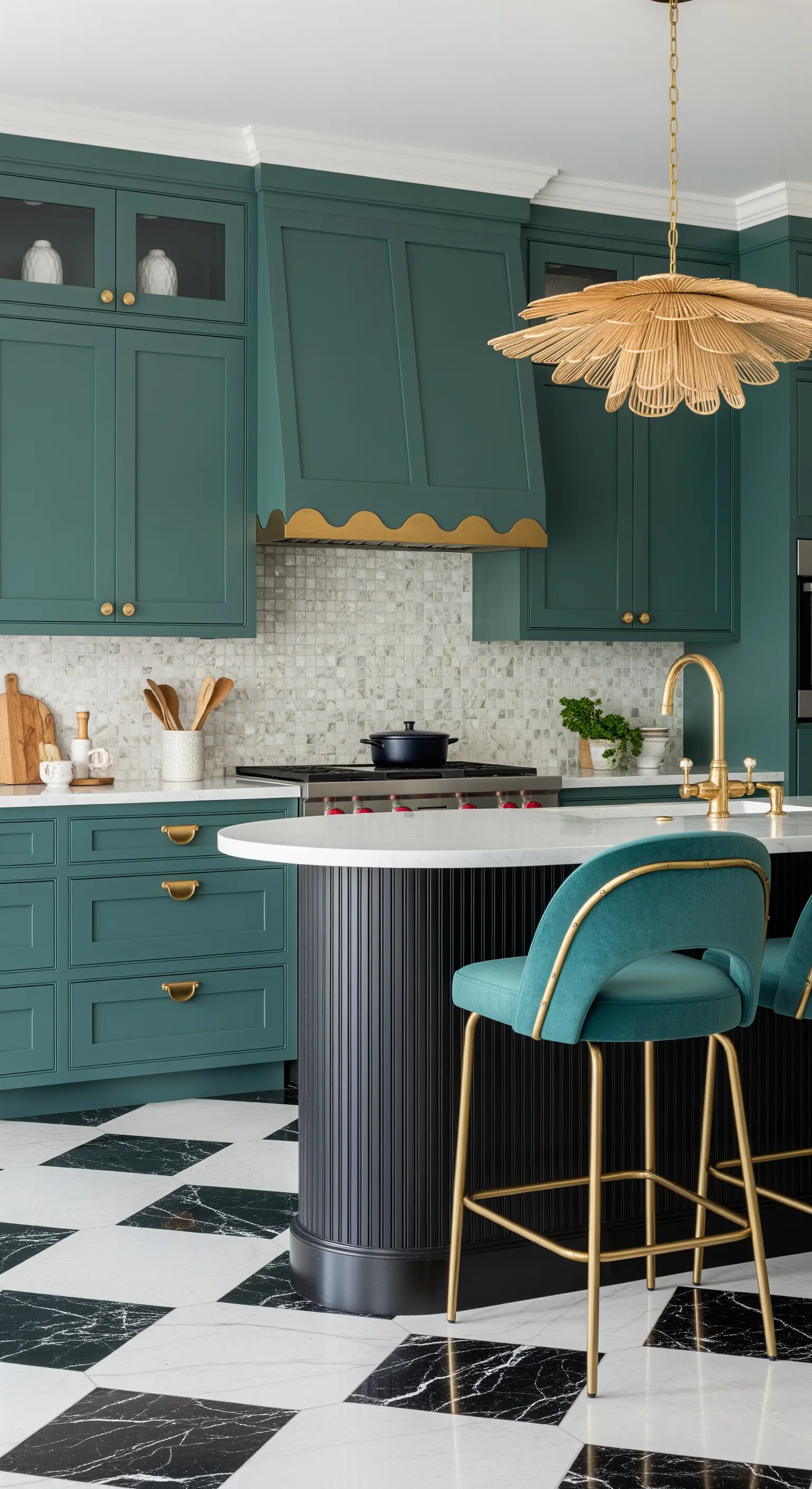 Cucina verde ottanio con pavimento a scacchi, isola nera e sgabelli in velluto.