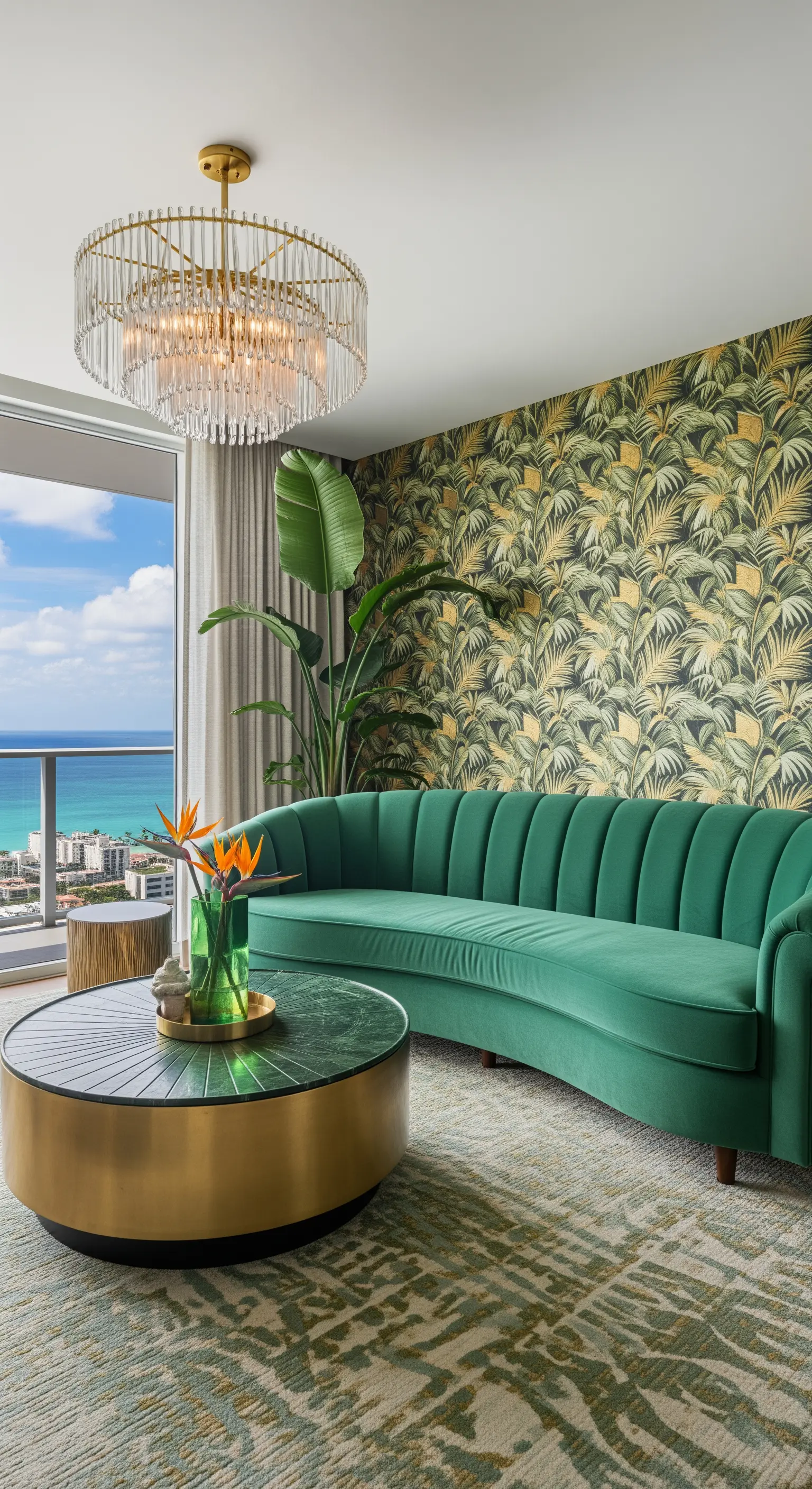 Soggiorno con vista mare, divano curvo verde e carta da parati a tema palma dorata.
