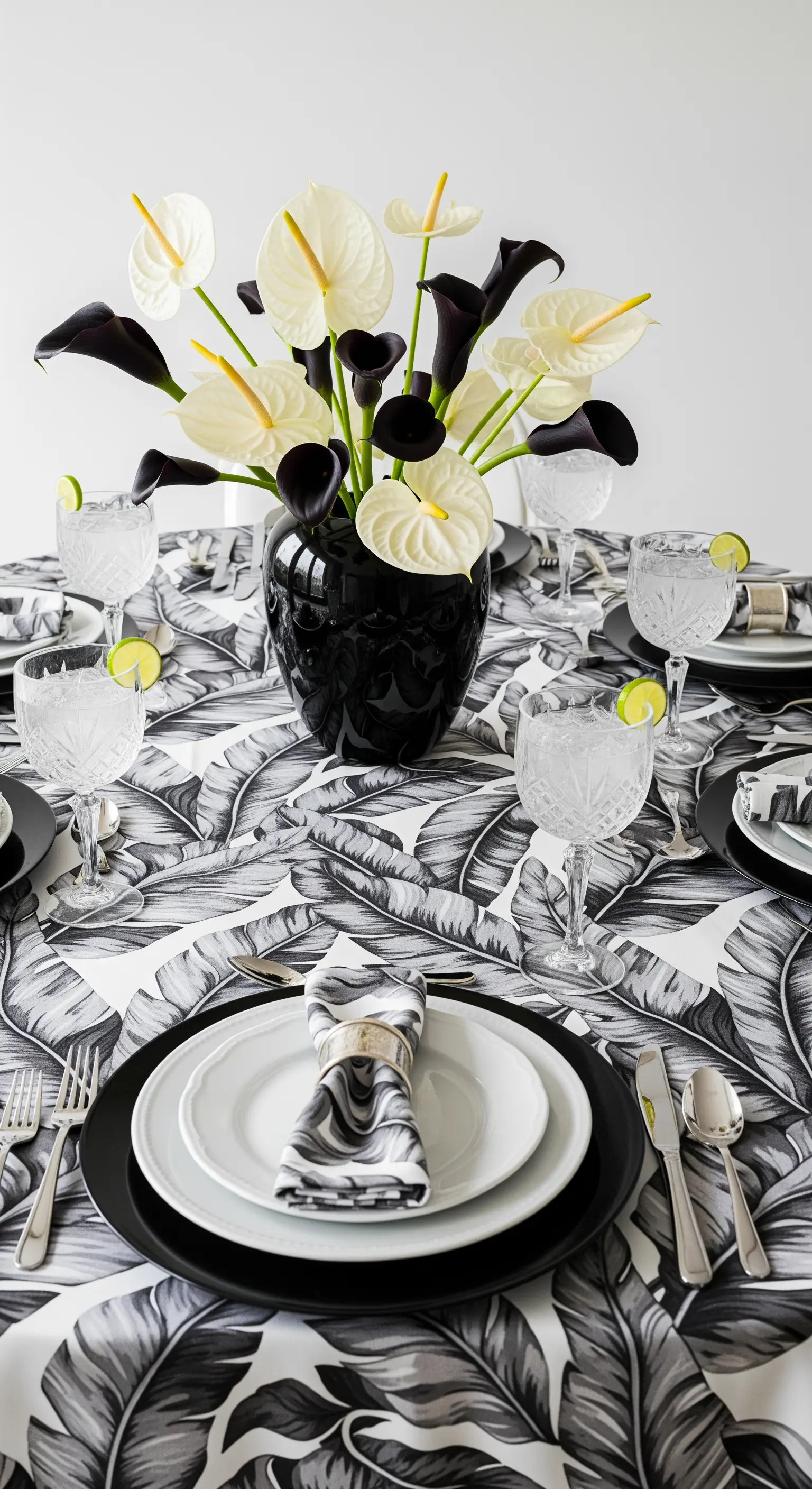 Tavola in bianco e nero con motivo a foglie, piatti neri e un bouquet di calle.