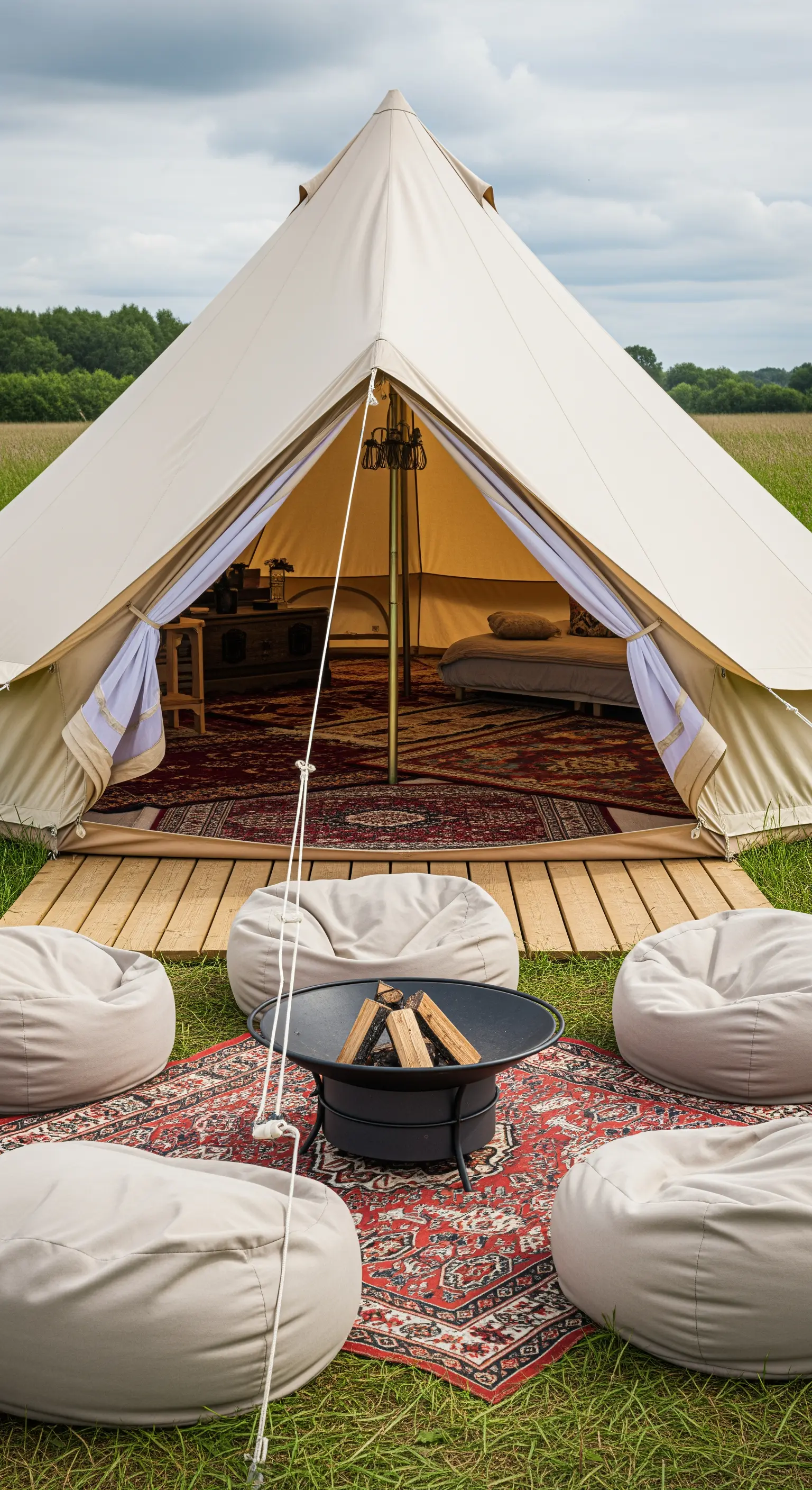 Tenda glamping con braciere, pouf a sacco e un grande tappeto persiano all'esterno.