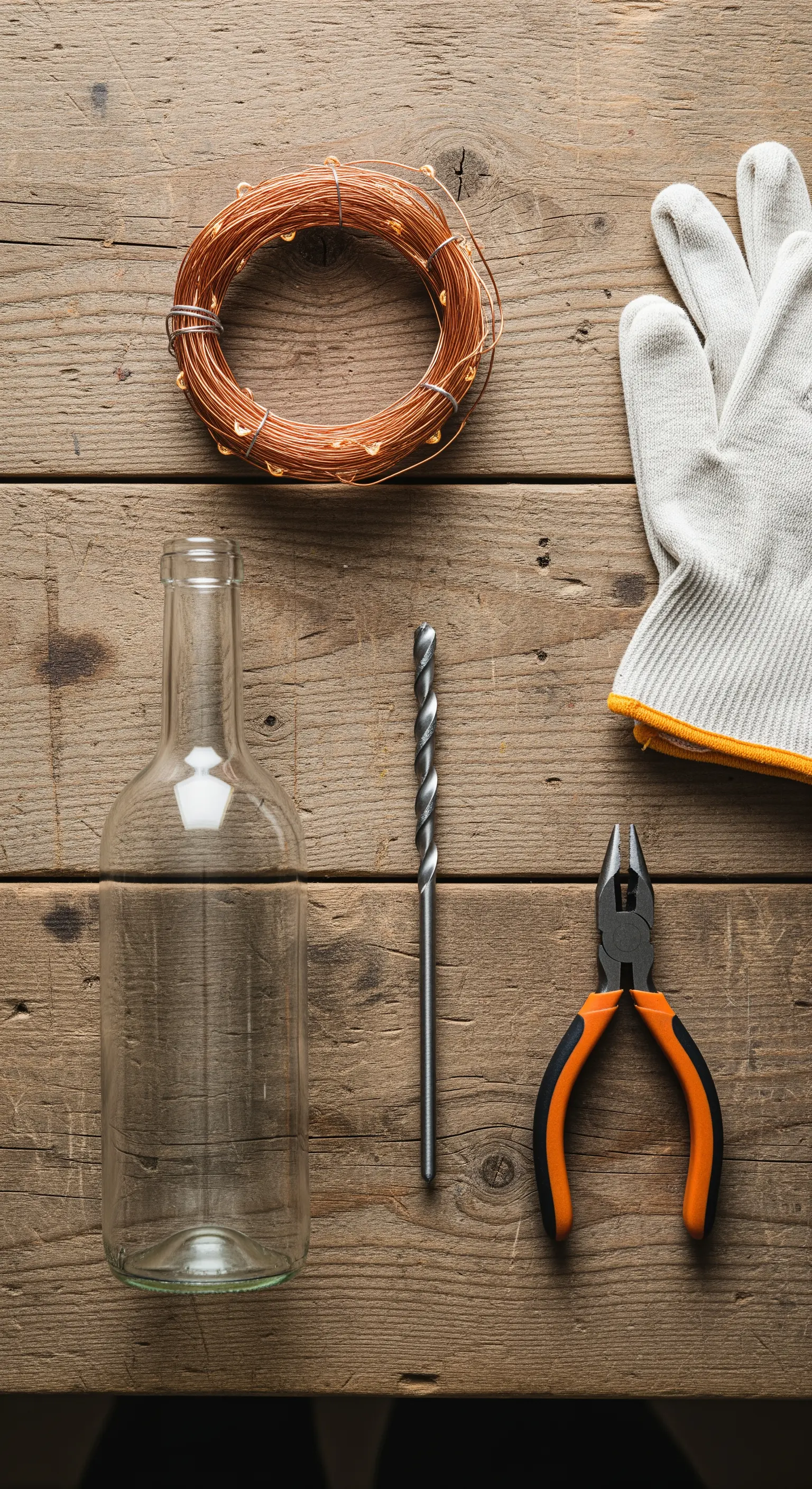 Strumenti per un progetto DIY: bottiglia, punta da trapano per vetro, pinze, lucine e guanti.