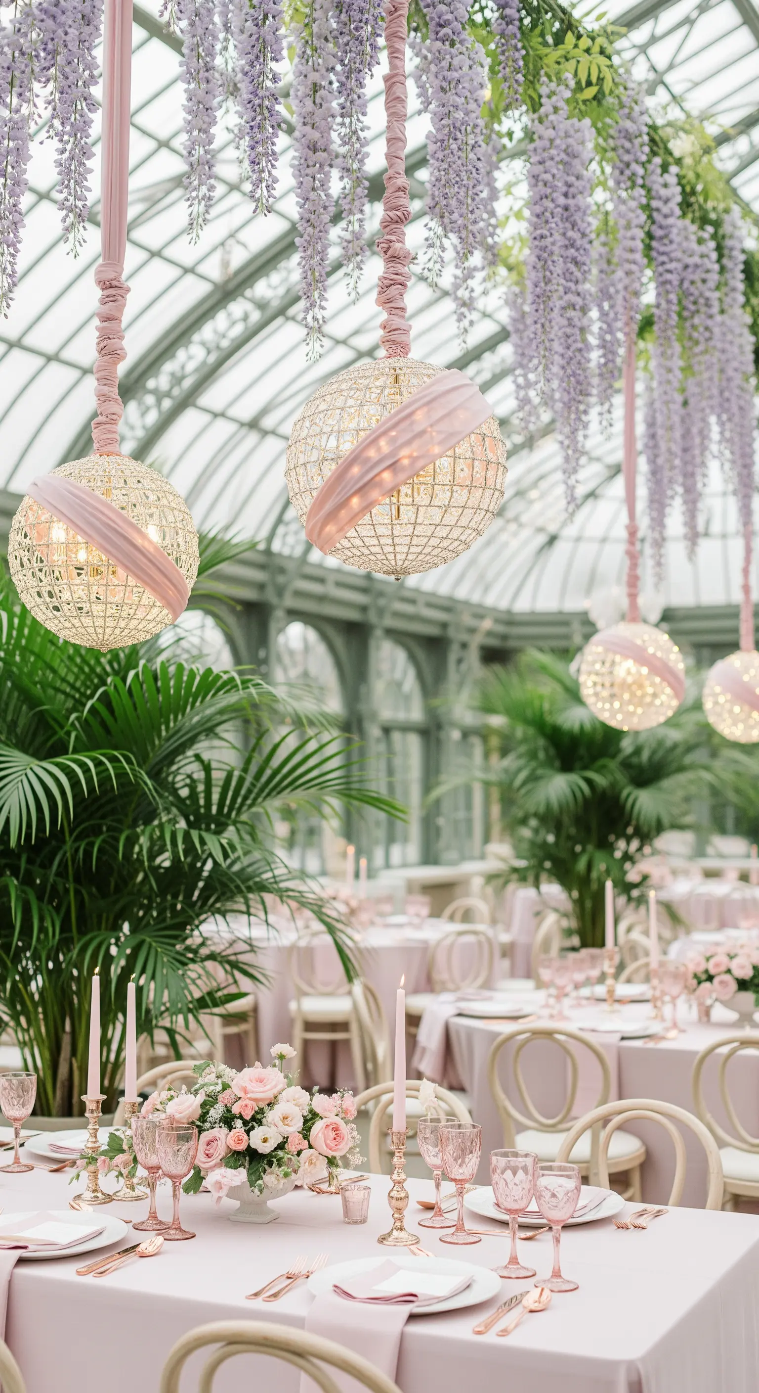 Chandelier sferici decorati con nastri rosa, sospesi in una serra tra cascate di glicine.