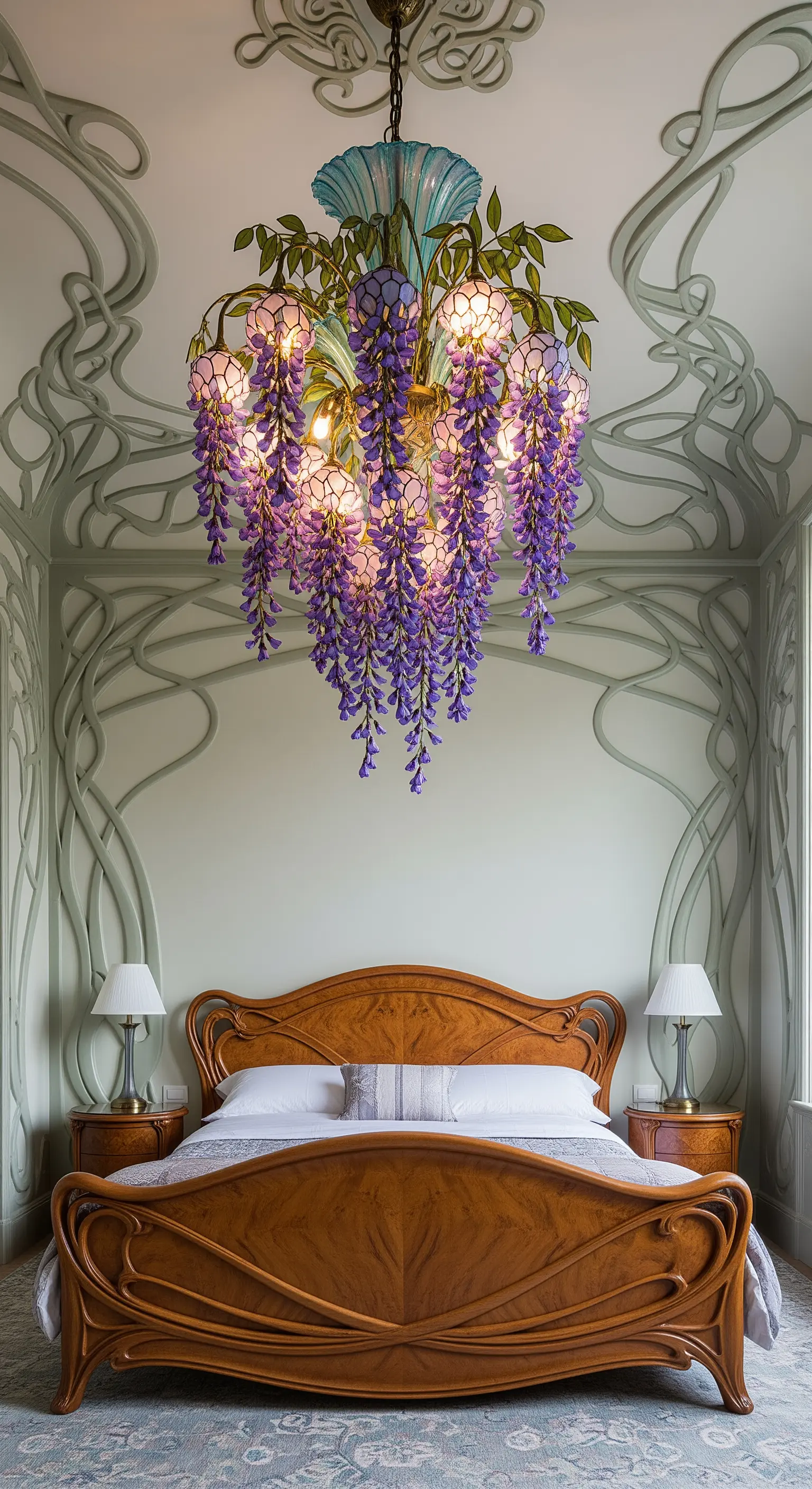 Lampadario in vetro colorato a forma di glicine in una camera da letto in stile Art Nouveau.