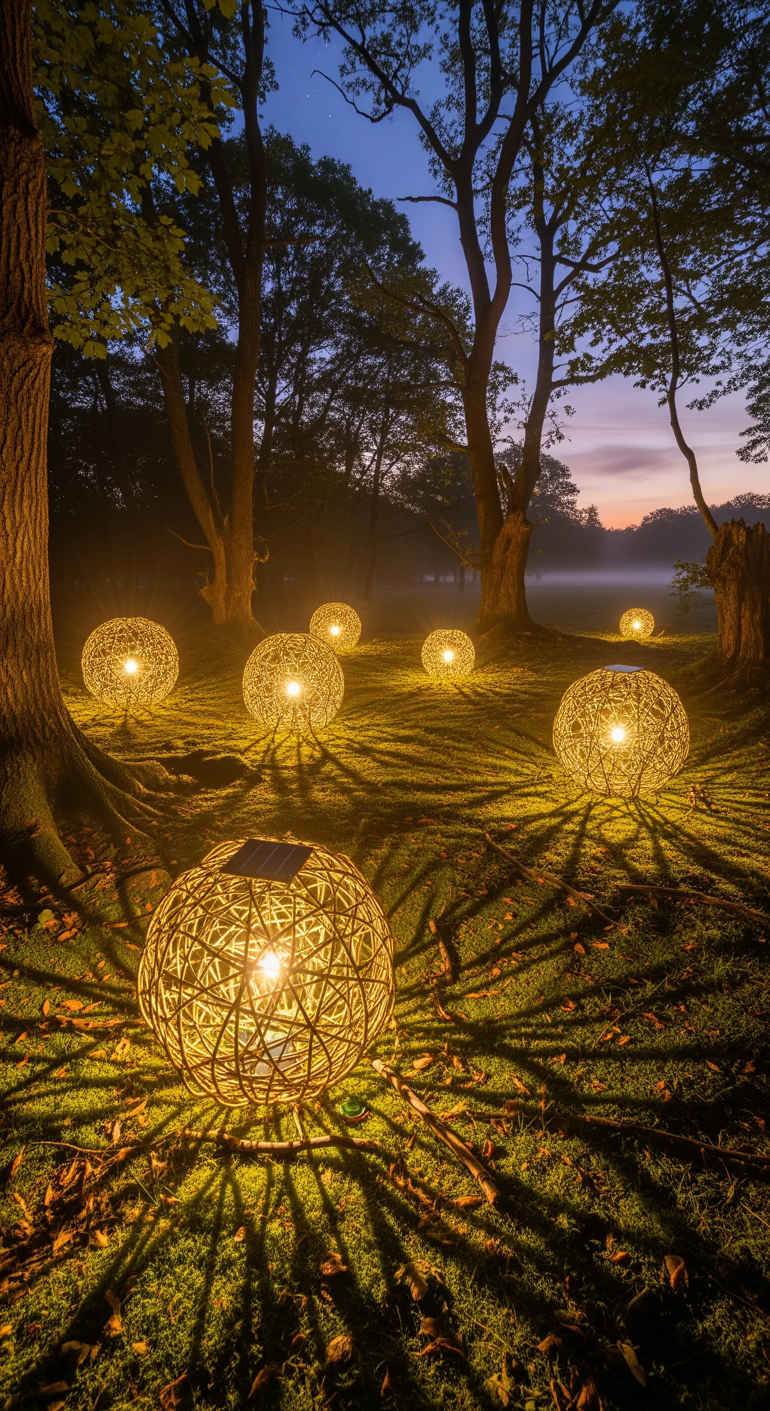 Grandi sfere luminose intrecciate sparse su un prato tra gli alberi al crepuscolo.
