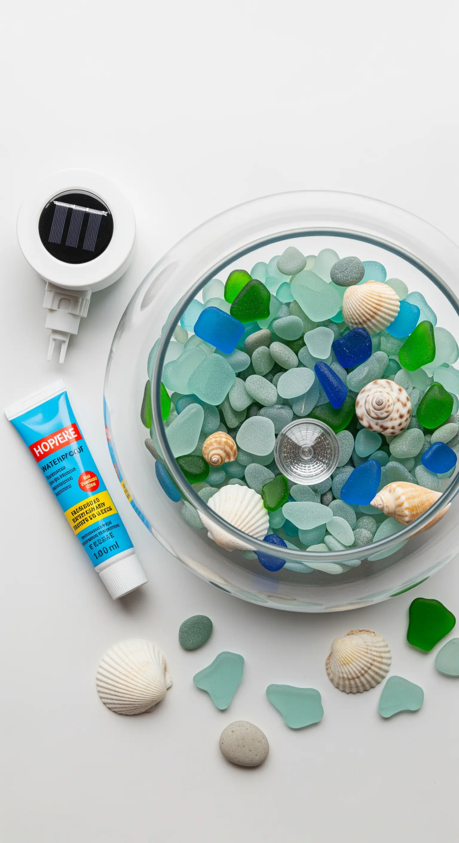 Kit fai-da-te con boccia di vetro, vetri di mare, conchiglie e una luce solare.