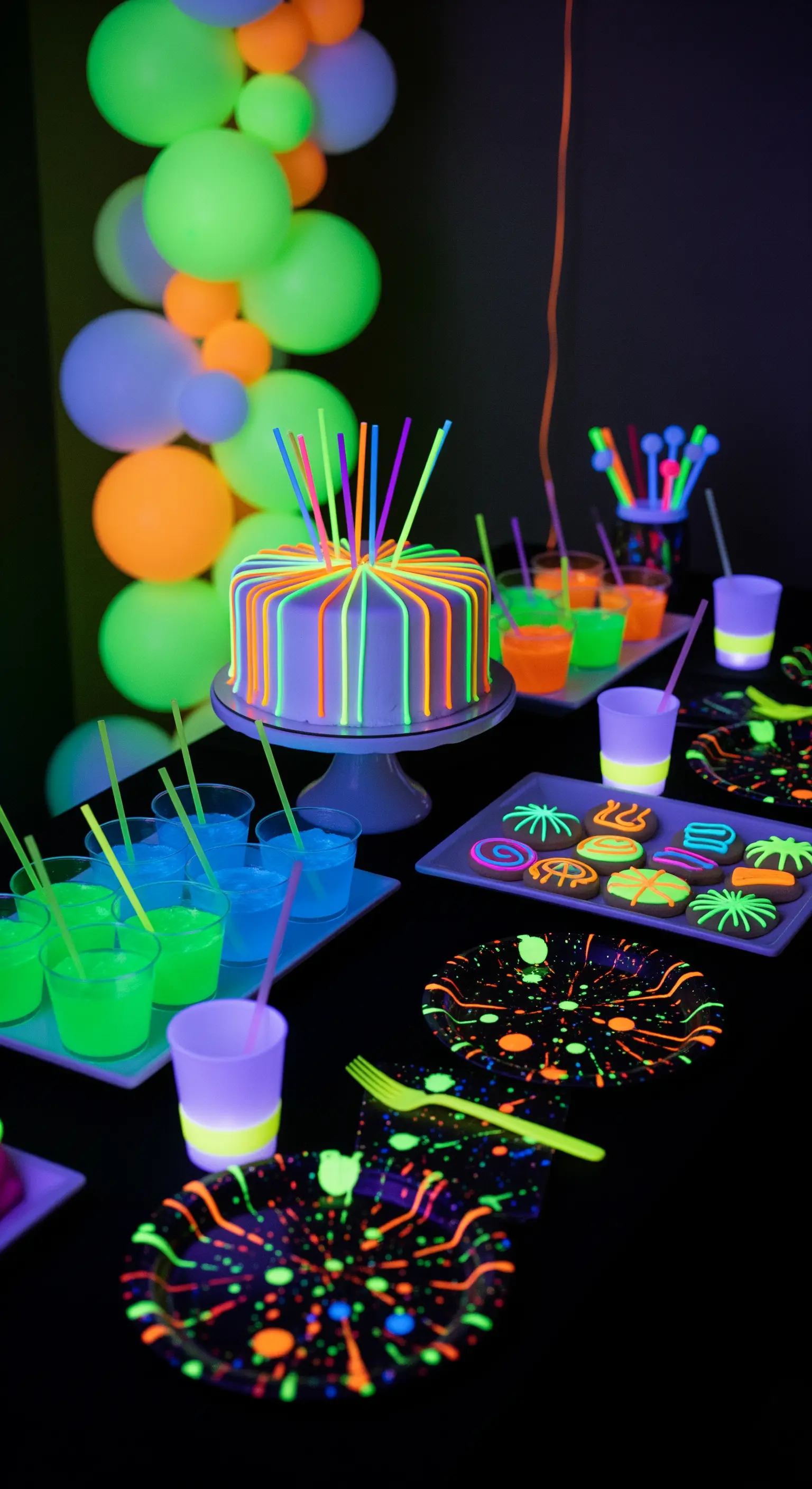 Festa al buio con torta, bevande e decorazioni fluorescenti che si illuminano con luci UV.