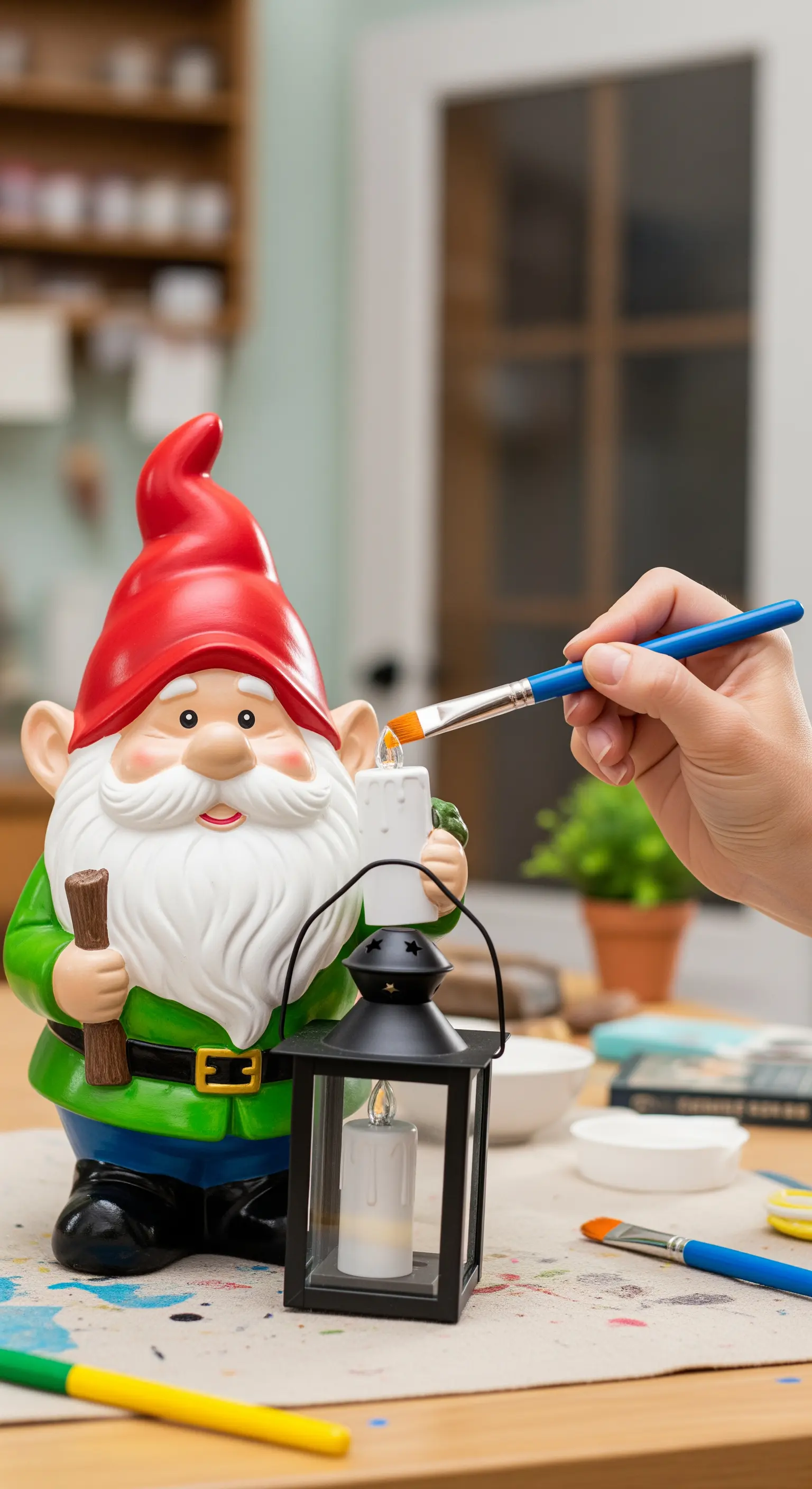 Gnomo da giardino dipinto a mano che tiene in mano una piccola lanterna solare funzionante.