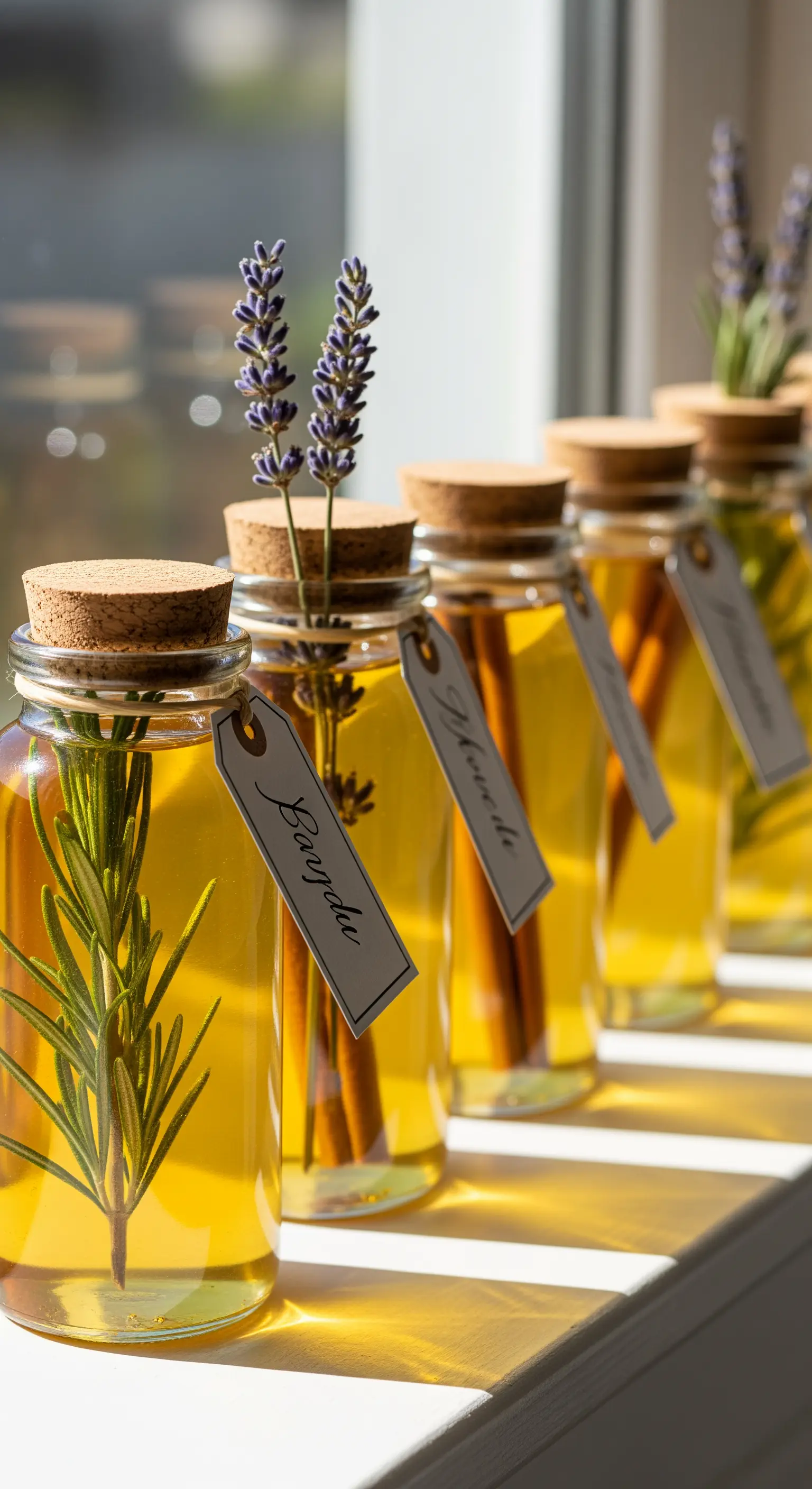 Bottiglie di olio infuso con rosmarino, cannella e lavanda, con etichette personalizzate