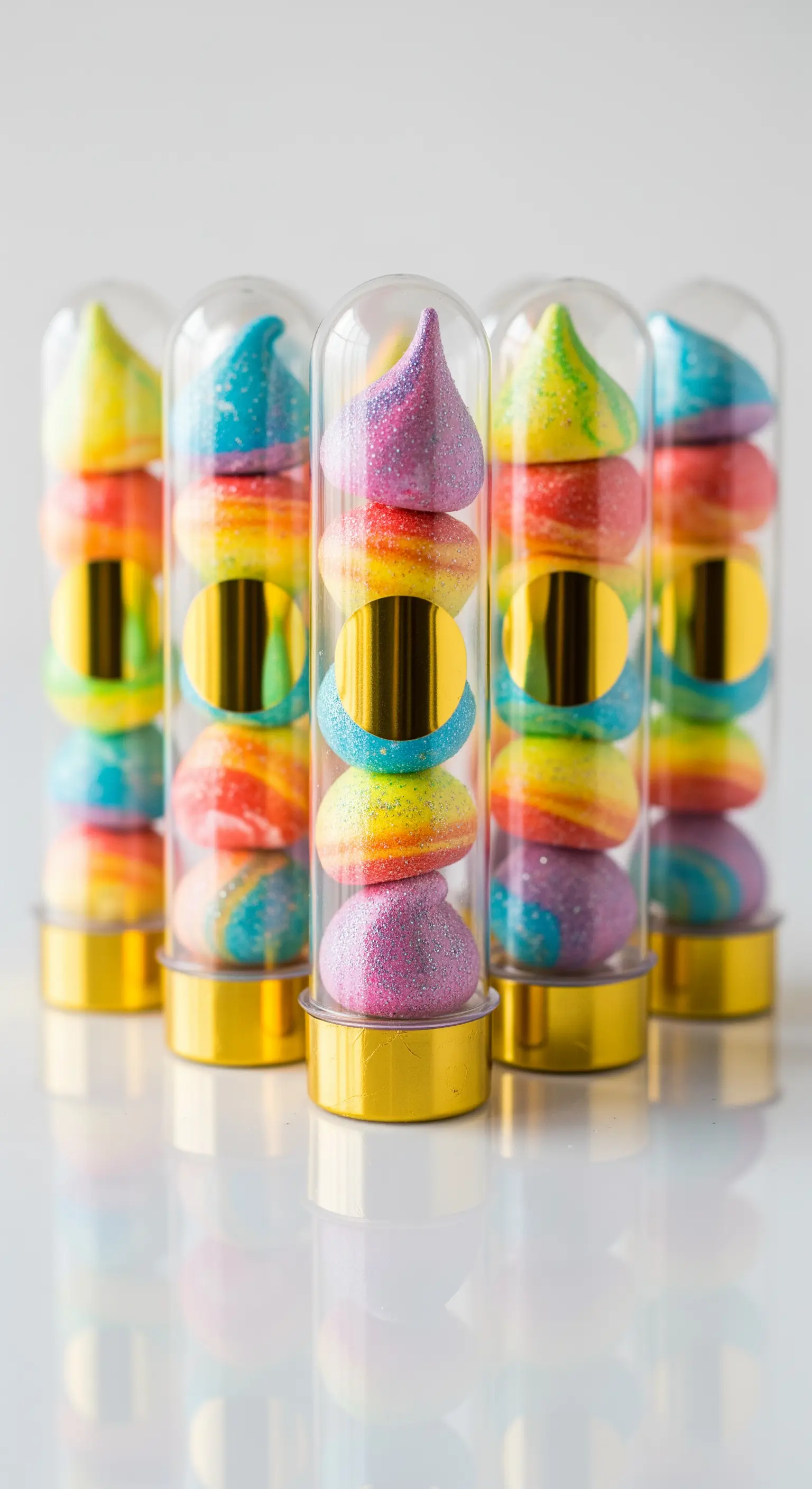 Meringhe arcobaleno con glitter confezionate in provette trasparenti con tappi dorati