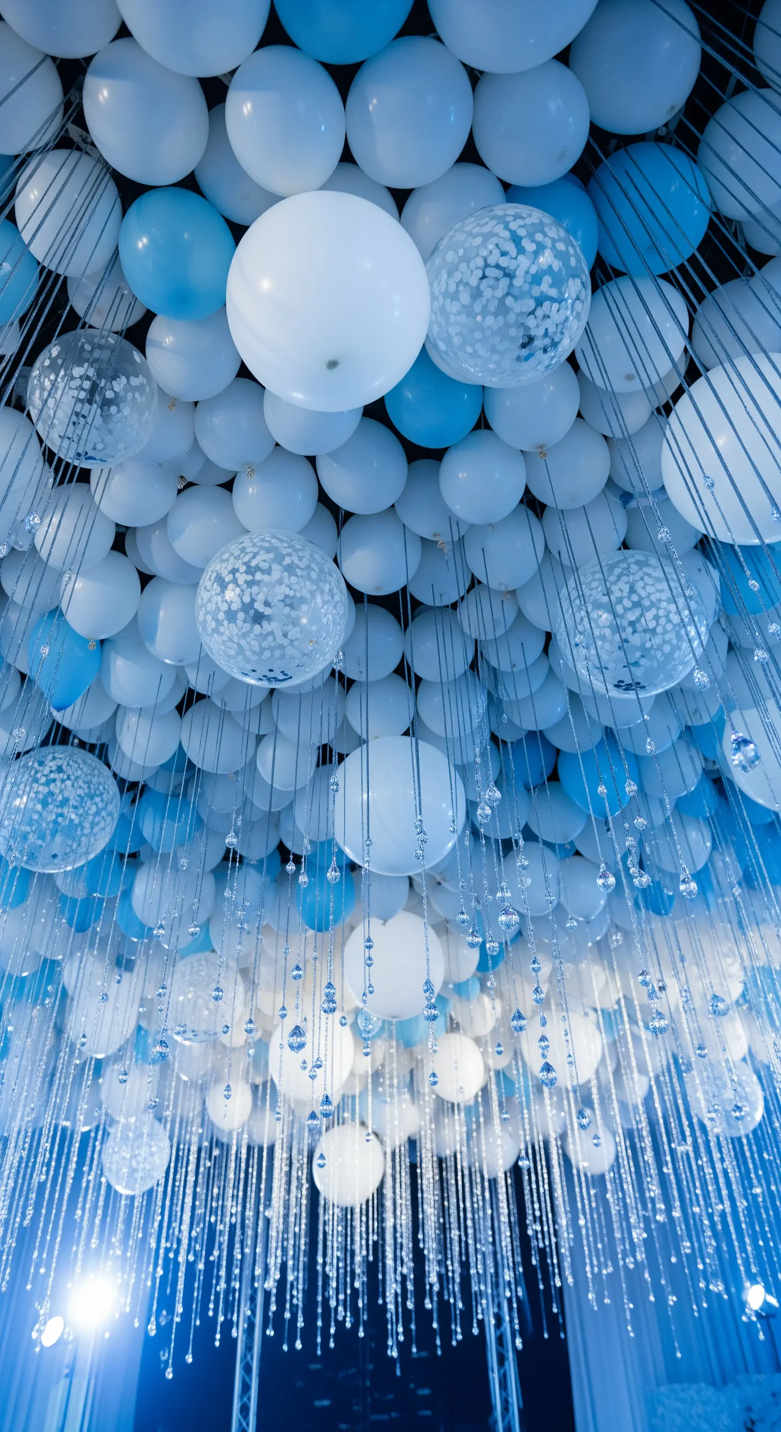 Un soffitto denso di palloncini bianchi e blu con fili di cristalli pendenti.