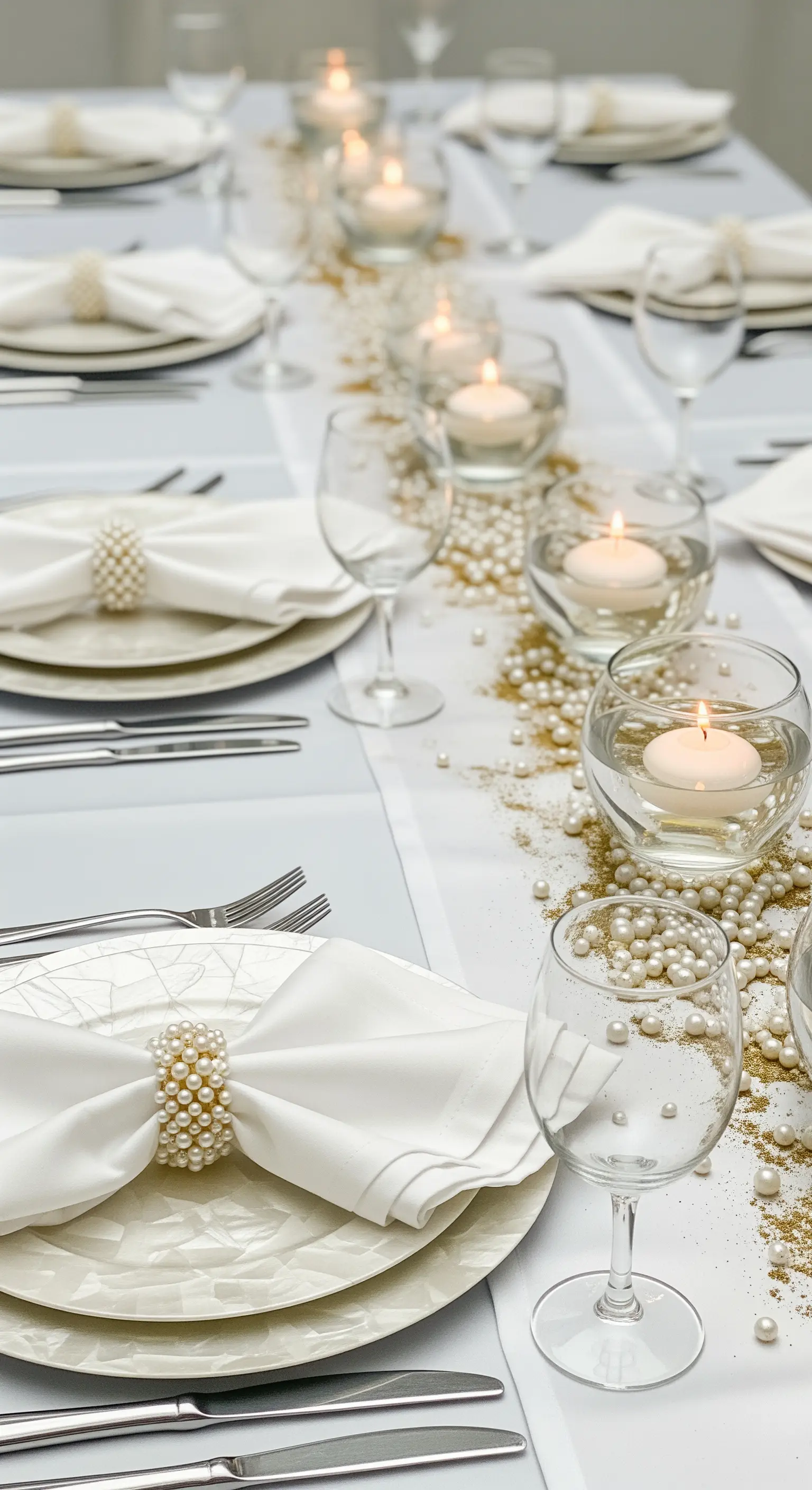 Tavola bianca con candele galleggianti in coppe di vetro, perle e glitter dorati.