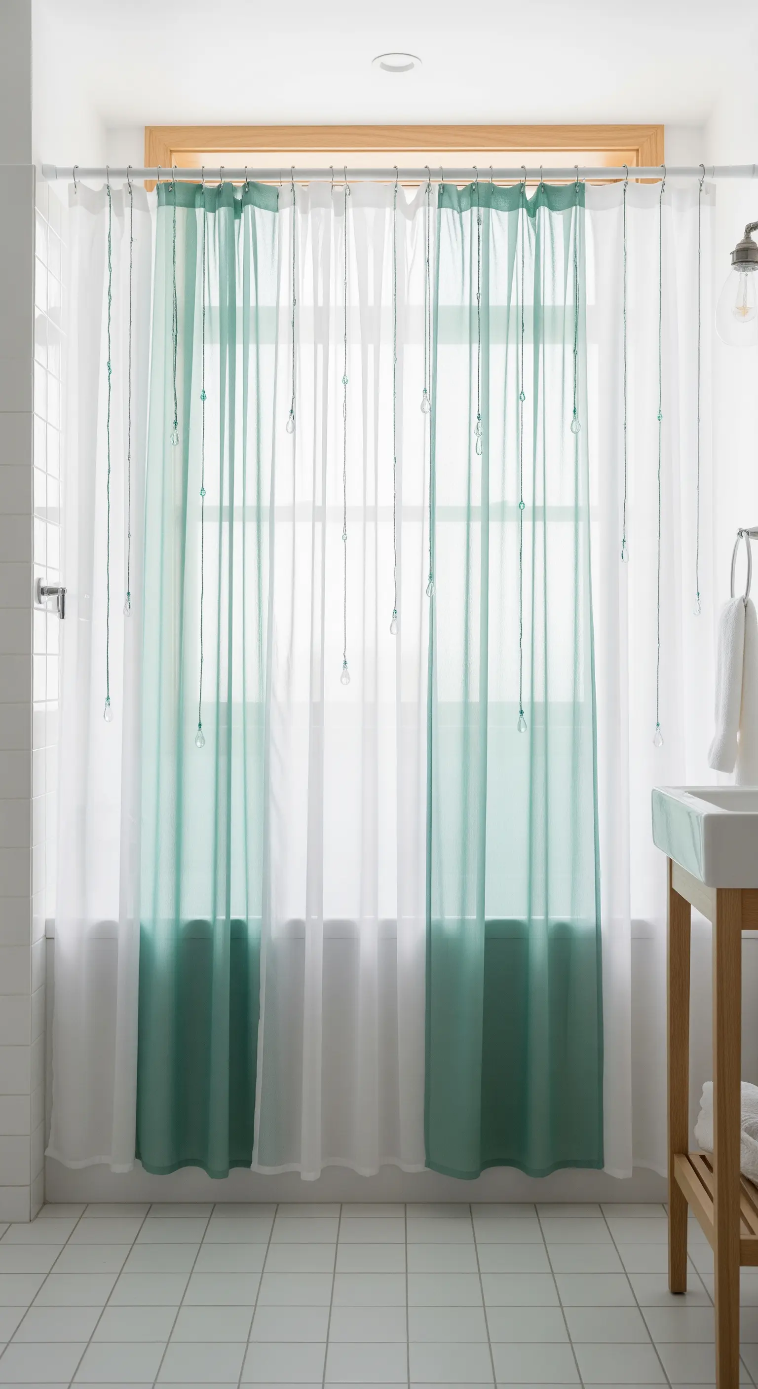 Tenda da doccia verde e bianca decorata con fili sottili e perline di vetro pendenti.