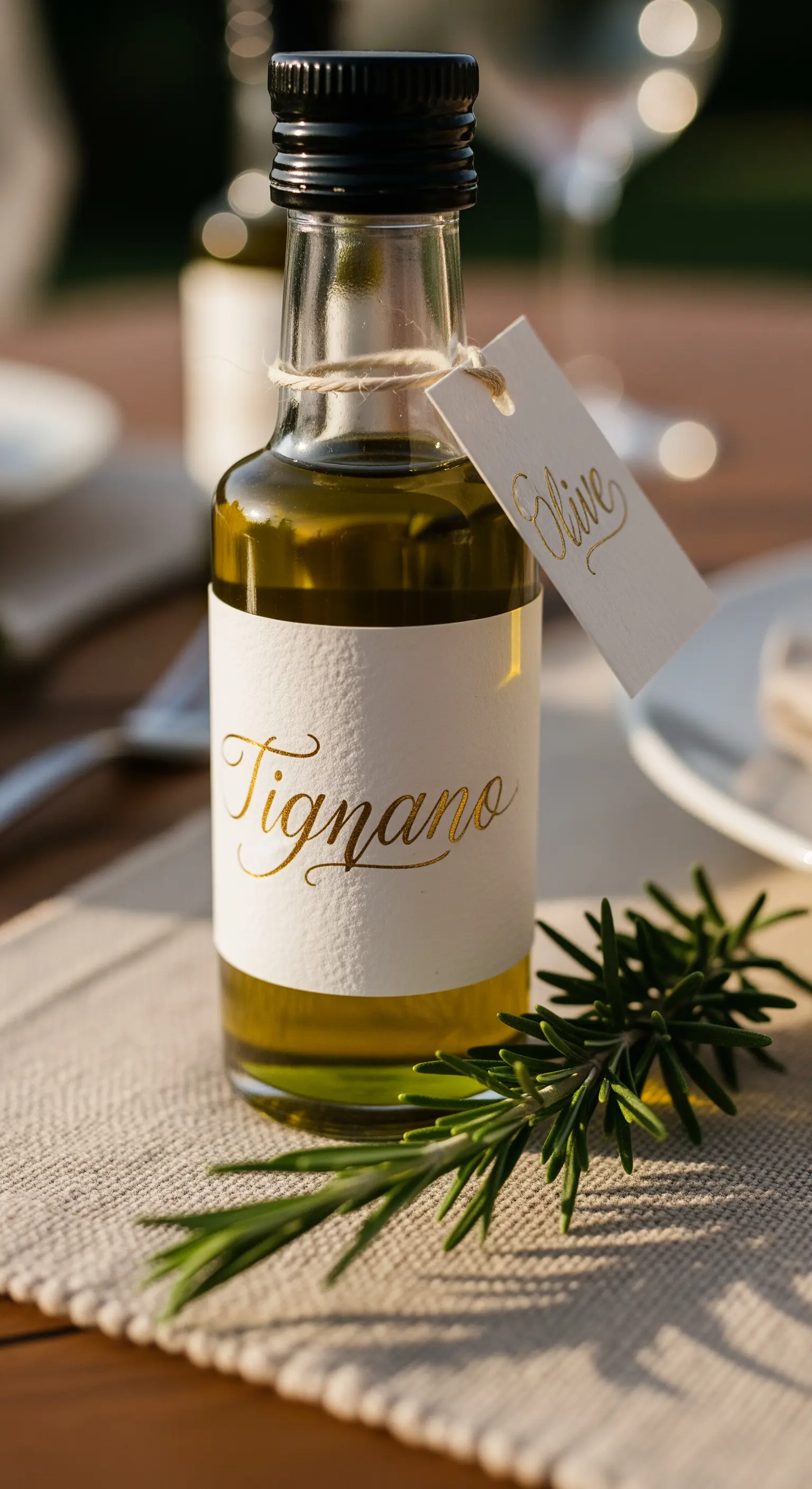 Bottiglietta di olio d'oliva con etichetta personalizzata e tag con nome calligrafato in oro.