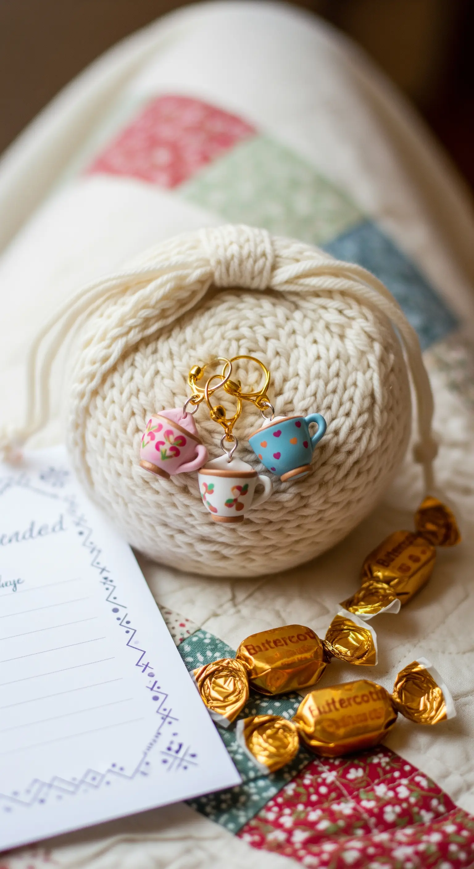Borsina bianca lavorata a maglia con ciondoli a forma di tazzina e caramelle dorate.